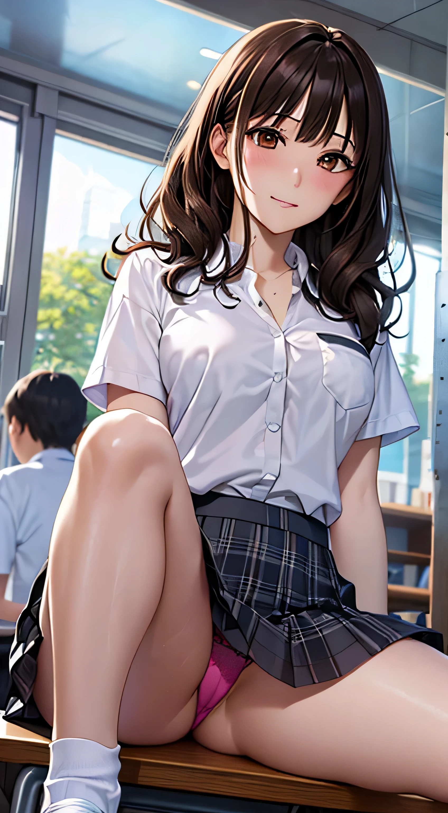 ((table top, highest quality, High resolution, nffsw, perfect pixel, 4k, nffsw, nffsw))), 1 girl, single, alone, beautiful woman、I could see the whole body、 ((short wavy hair, bangs, brown hair)), ((brown eyes, beautiful eyelashes, realistic eyes)), ((detailed face, blush:1.2)), ((smooth texture:0.75, realistic texture:0.65, realistic:1.1, Anime CG style)), medium breasts, dynamic angle, perfect body, ((school uniform,  white shirt, black skirt, unbuttoned shirt、plaid skirt、not wearing shoes、white socks)), classroom without people、sit at desk、..、evening、、、Very embarrassing panic smile、(lift the skirt with your right hand、open your legs、open your knees wide、pink floral lace panties)、、(pink lace bra)、angle from below