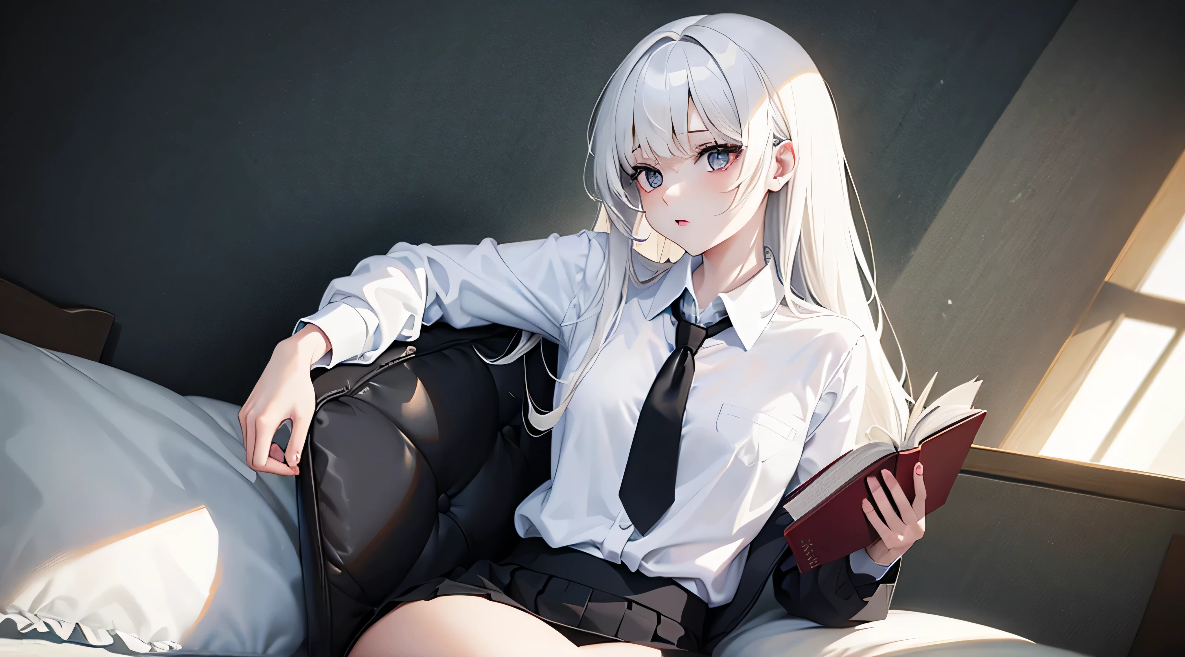 1girl, white pony hair, no glasses, white shirt, black short skirt, hold book, cute, pale skin, sexy, 