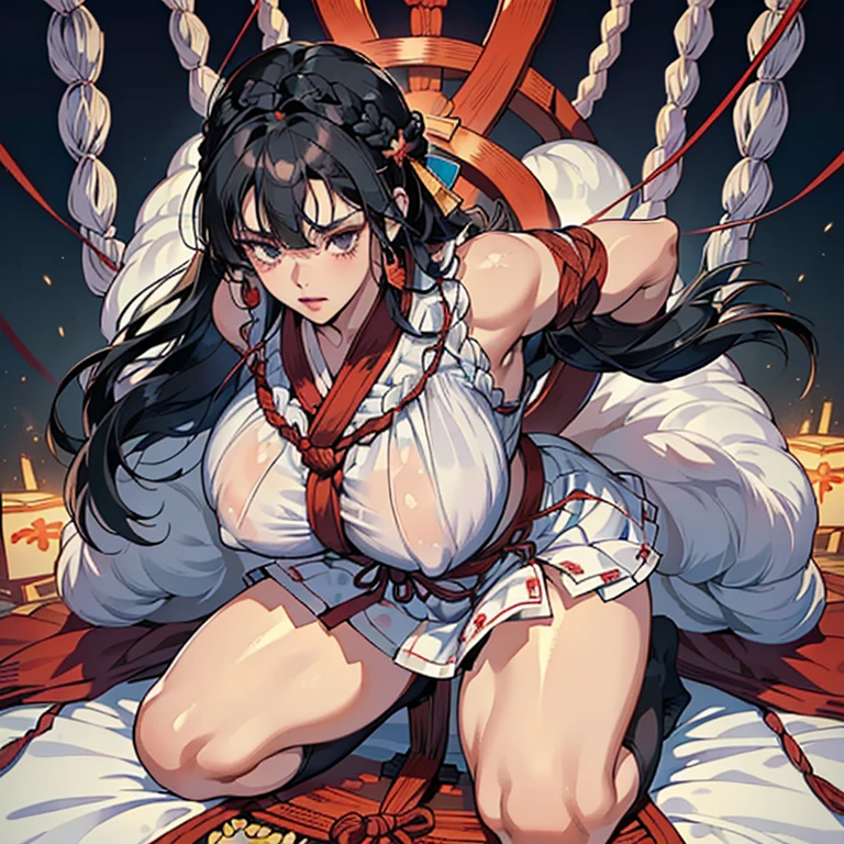 (anime moe style)),((game CG)),(masterpiece),(highest quality), (Super detailed),shape,((very delicate and beautiful)),　,sharp look,looking at the viewer,(((24 year old female)),((whole body)),detailed face and eyes,Intense eyes like jewels,(loosely braided long hair),,,(super huge breasts,long and slightly saggy breasts,nipple）　　　　plump body　black hair, black eyes　Uplifting　 Super mini skirt, shrine maiden outfit, Kagura, semi-transparent lace fabric, gorgeous jewelry, black knee socks, sumo stance, legs spread, knees bent, no underwear, legs spread (My whole body is tied up with a rope) Rough rope, rough rope digging into body, restrained, bondage