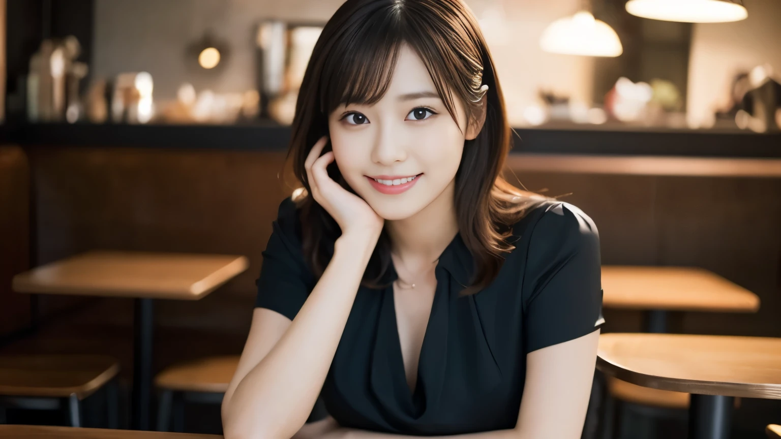 1 girl, (Wearing a black blouse:1.2), beautiful japanese actress,
(Raw photo, highest quality), (realistic, Photoreal:1.4), masterpiece,
very delicate and beautiful, very detailed, 2k wallpaper, wonderful,
finely, very detailed CG Unity 8K 壁紙, Super detailed, High resolution,
soft light, beautiful detailed girl, very detailed目と顔, beautifully detailed nose, beautiful and detailed eyes, cinematic lighting,
break
(With a stylish cafe interior as the background 1.3), Lights in the cafe,
perfect anatomy, slender body, smile, Face the front completely, look at the camera