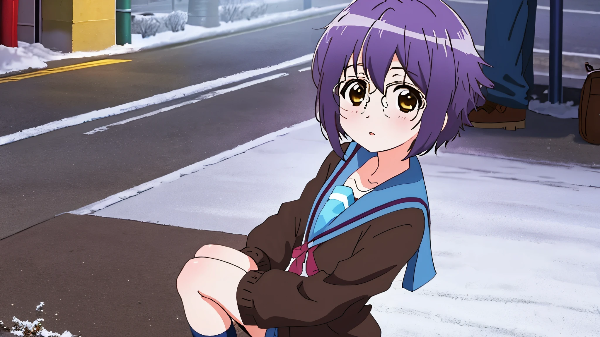 masterpiece, best quality, high resolution,
cowboy shot, anime coloring,
,NIGHT, pavement, snowing, snow,utility pole, (Pavement and Snowscape:1.2)
kyoani haruhi style, cinematic,
,kyoani haruhi style, 1girl, solo, yuki nagato, kita high , short hair, , blue sailor collar, sailor collar, serafuku, cardigan, purple hair, bangs, brown eyes, anime coloring, small breasts, ((masterpiece)), looking at viewer,