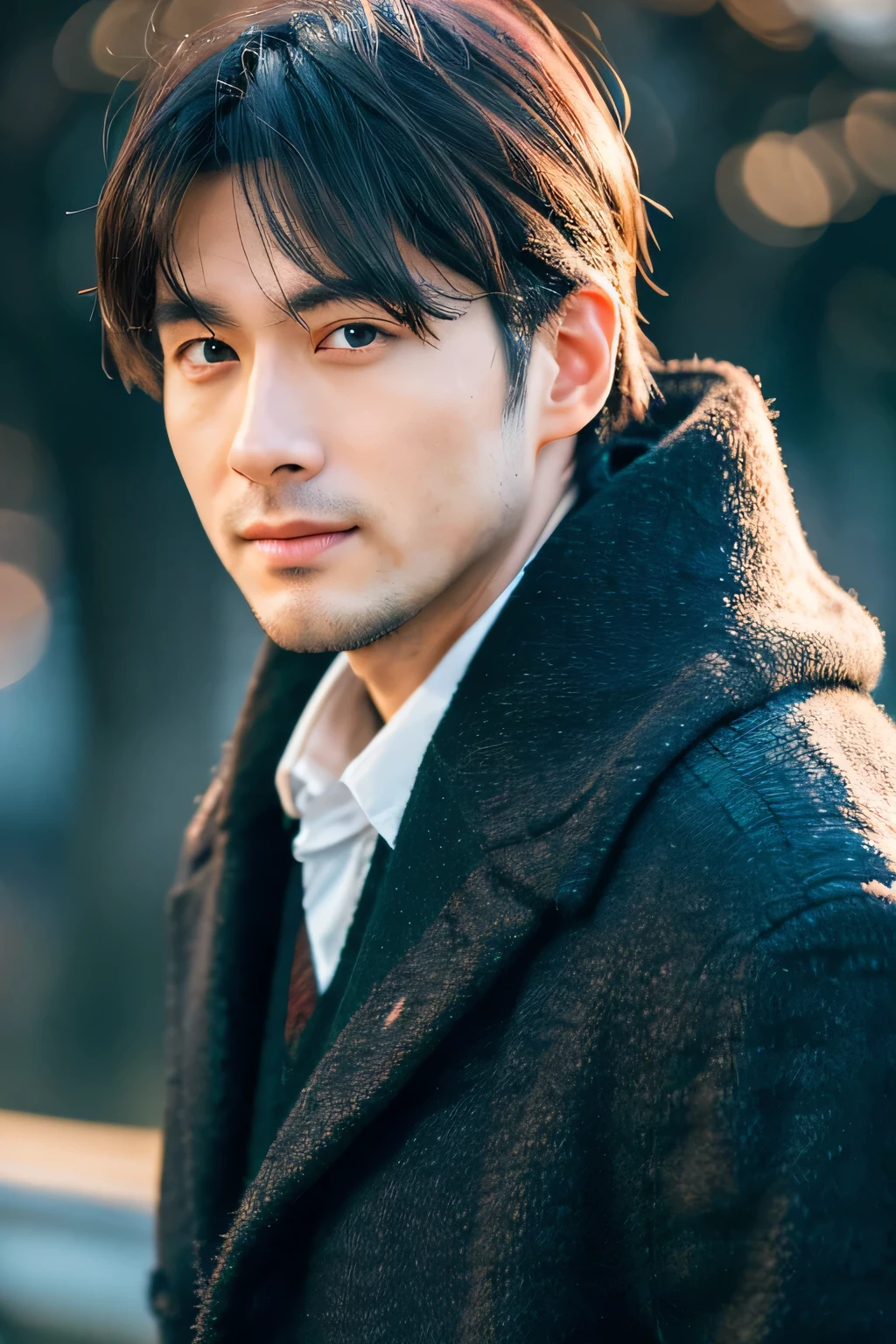 Photoreal, 8k Full Length Portrait, Handsome, A 29-year-old man, An attractive expression that mixes Atsuro Watanabe, Detailed details of the face, Tokyo city, winter, against the background of nature