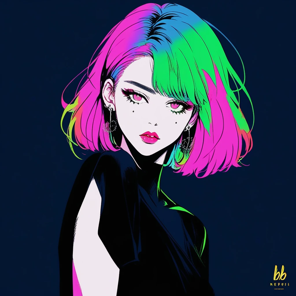 (best quality, sketch:1.2),realistic,illustrator,anime,1 girl, detailed lips, black dress,custom, (background multicolors),neon hair,textured cropping, masterpiece, style retro classic, noir dark, art, sketch book, (bob hair black:1.75 neon:1.32), bad women , dark monochrome background, dark fantasy, pensil manga art style, full body 