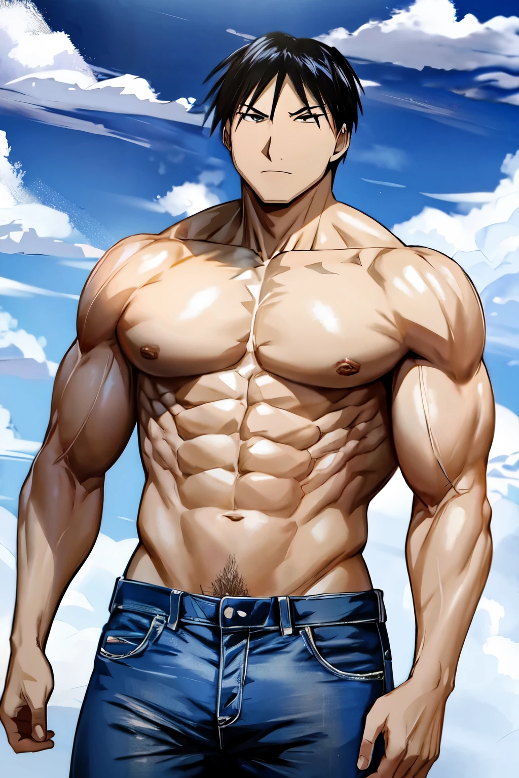 Roy Mustang from Full Metal Alchemist, without shirt wearing blue jeans, bodybuilder, defined body, shirtless, abs
