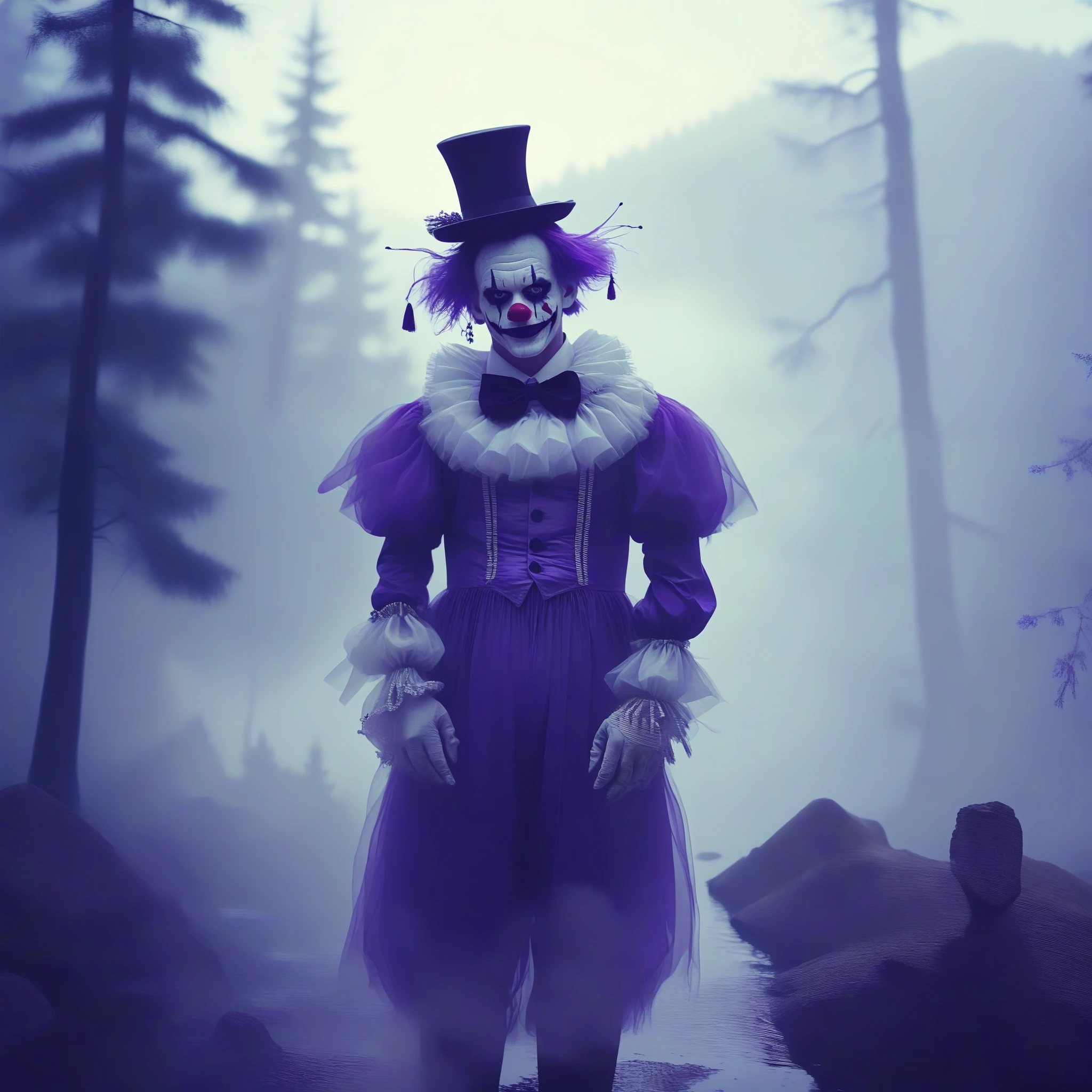 Manu Clowns in A place with a morbid look that resembles a funeral, pine trees (foggy:1.2), silhouetted in soft shadow (full body photograph:1.2) (Purple Mountain Majesty clown outfit:1.3) (beautiful supermodel:1.1) dancing with arms out detailed background bokeh Fairypunk art by Commedia dell'Arte art by Koloman Moser BY Ferrofluid art by tim flach--v 6.0 --ar 4:3 --style raw --s 650 --v 6.0