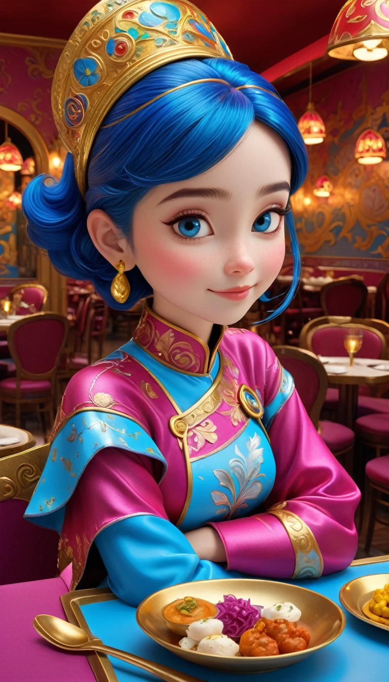 (Cute girl in restaurant at cloisonne theme park），visitor，Tapas，dreamland dreamland，ultra-realistic realism，Asymmetrical balance ，( magenta ）Carmine＋( blue white colors ）Blue-cyan＋( tin foil gold ）golden colored，pixar character