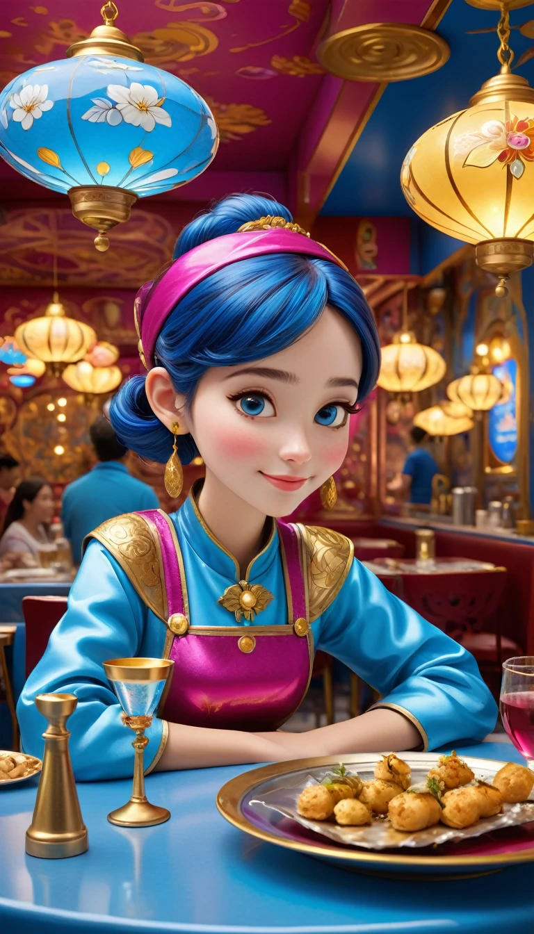 (Cute girl in restaurant at cloisonne theme park),visitor,Tapas,dreamland dreamland,ultra-realistic realism,Asymmetrical balance ,( magenta )Carmine+( blue white colors )Blue-cyan+( tin foil gold )golden colored,pixar character
