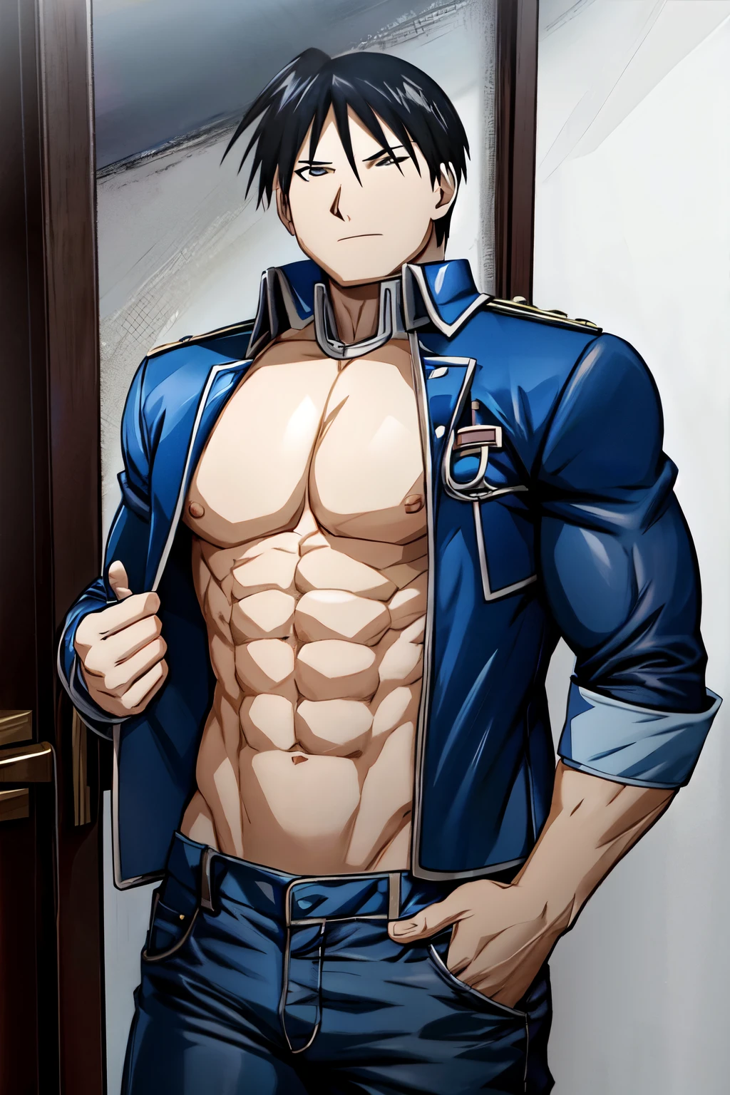 Roy Mustang from Full Metal Alchemist, wearing blue jeans, bodybuilder, defined body, shirtless, abs