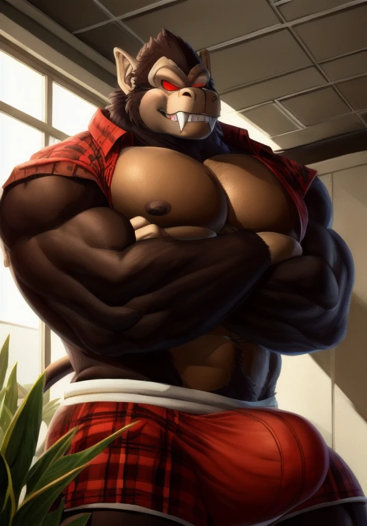 e621, ((oil painting \(medium\), by Seyrmo, by Rayhuma)), solo hyper musclegut male ((gorilla,prick ears,brown fur,hyper pecs, huge penis bulge, fur on cheek, long muzzle, brown monkey tail muscular abs,(brown body:1.5), big smooth muscles, glowing mono red eyes,biceps,onecolored body,summer,sharp fangs)), (flannel shirt:1.5, shorts:1.1), ((open topwear, tight:1.2)), (crossed arms, standing, :p), giga, (medium close-up, low-angle view:1.1), BREAK, (office, sunny day), (detailed background, (white walls, open small window, plants on sill:1.2), full body shadow, sunlight, ambient light on the body), (masterpiece, best quality, ultra realistic, 4k, 2k), (high detail:1.3), film photography,
