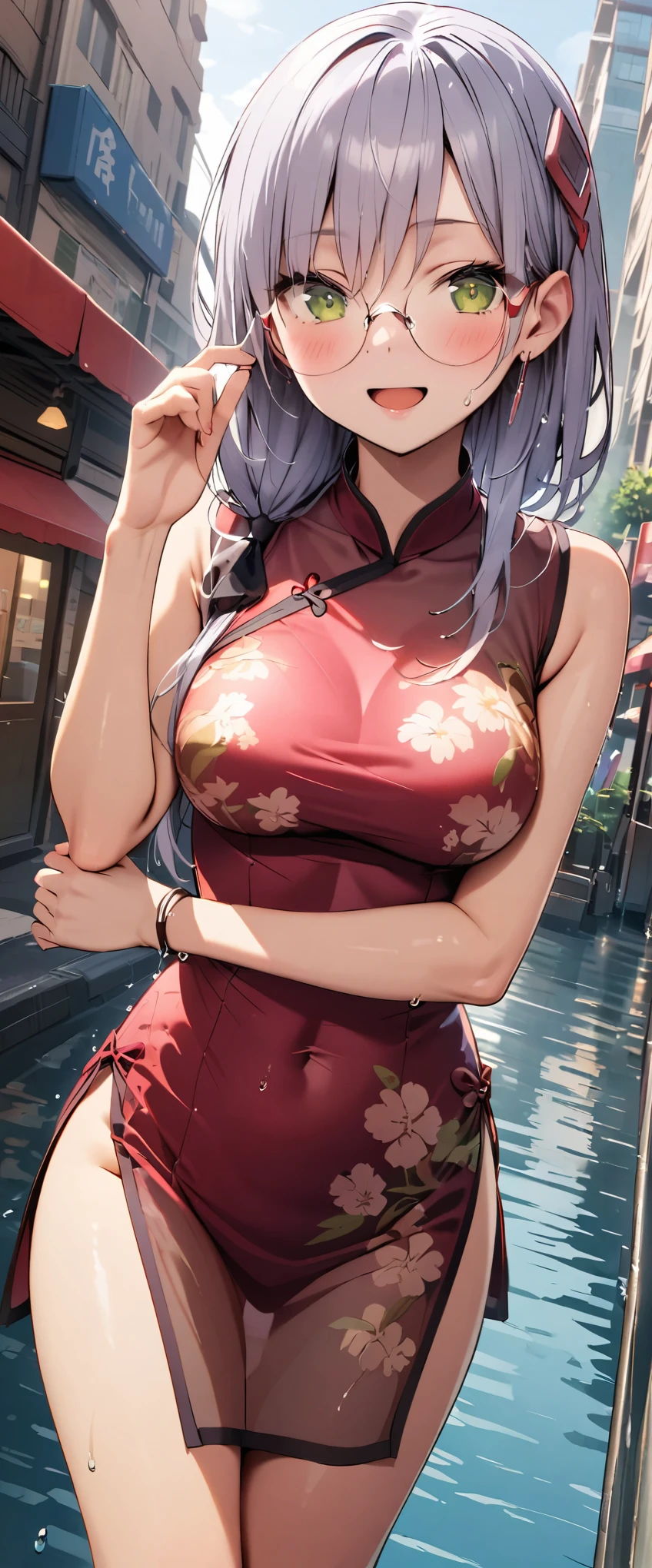 woman,20-year-old,city,(((See-through rubber Chinese dress))),,open mouth smile(()),blush、,(())(wet with water),glasses