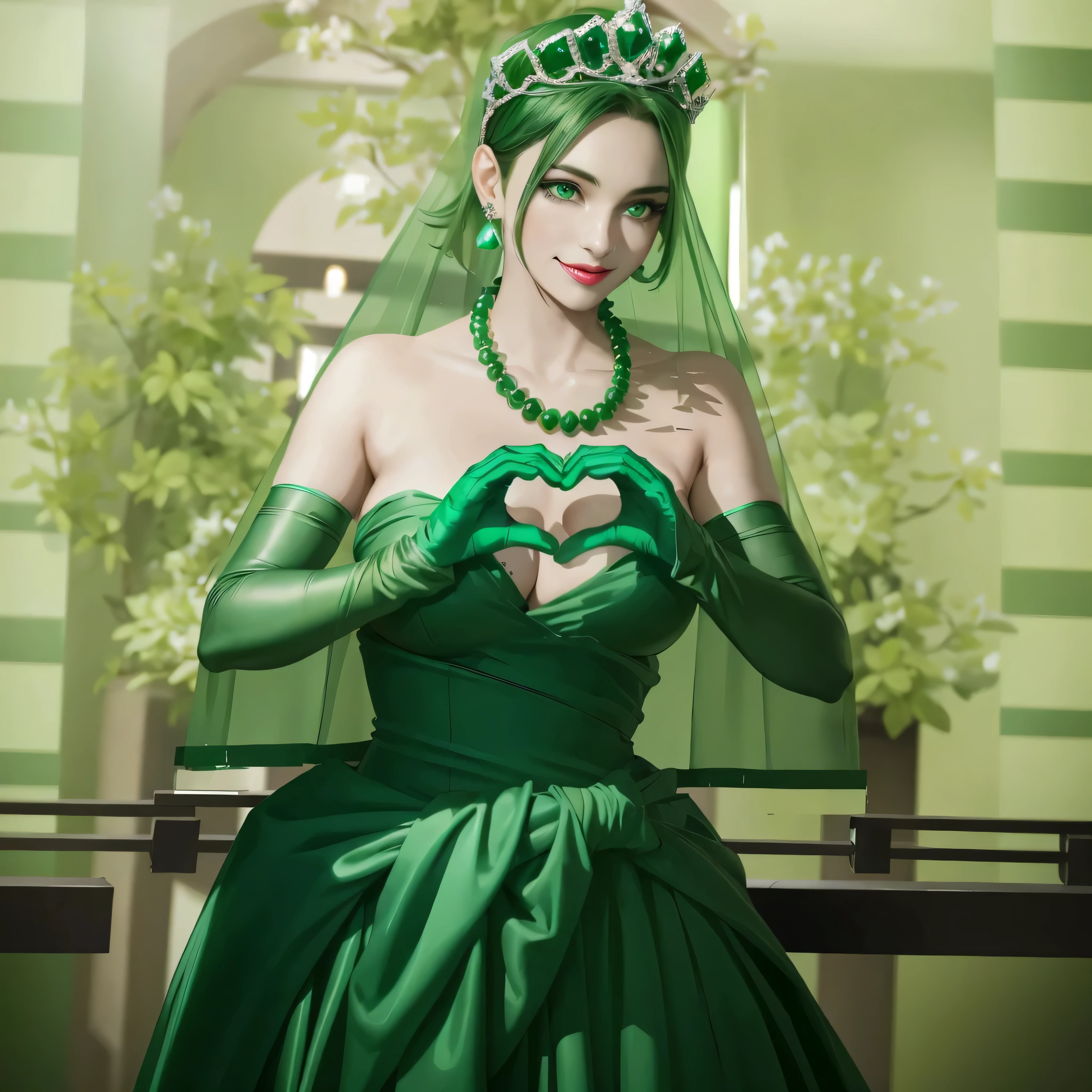 emerald tiara, green pearl necklace, boyish very short green hair, green lips, smiling Japanese woman, very short hair, Beautiful woman with big breasts, green eyes, green satin long gloves, green eyes, emerald earrings, green veil, Heart with both hands, green hair, beautiful japanese woman, heart shaped hands:1.3, green lip gloss