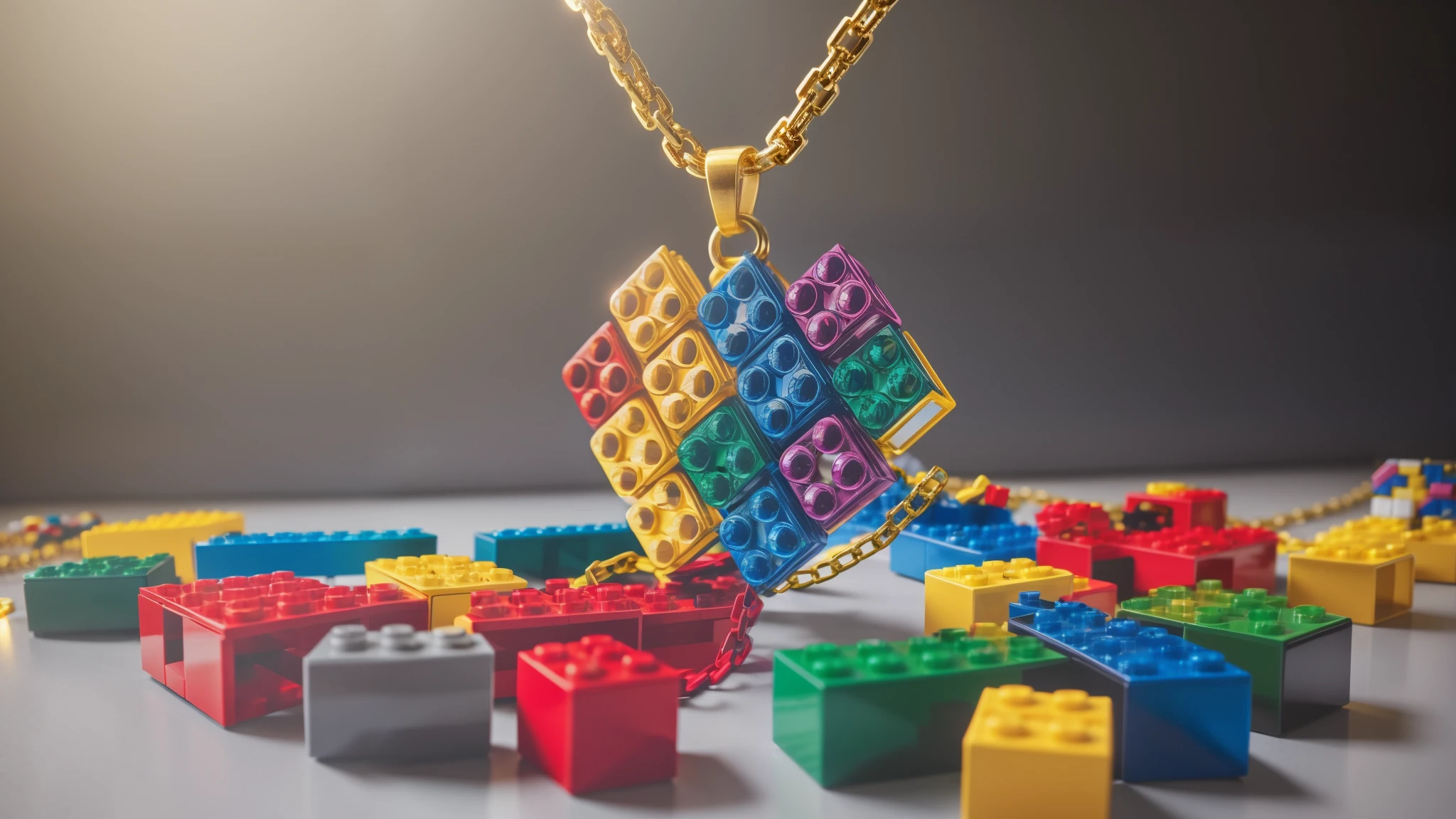 there is a necklace made of legos and a chain, lego style, made of lego, made out of legos, lego, golden ratio jewelry candy, lego movie style, multi - coloured, legos, building blocks, necklace on display, brick, blocks, miniature product photo, colourful, sci fi necklace, inspired by Albert Joseph Pénot, multi colored, beautiful,