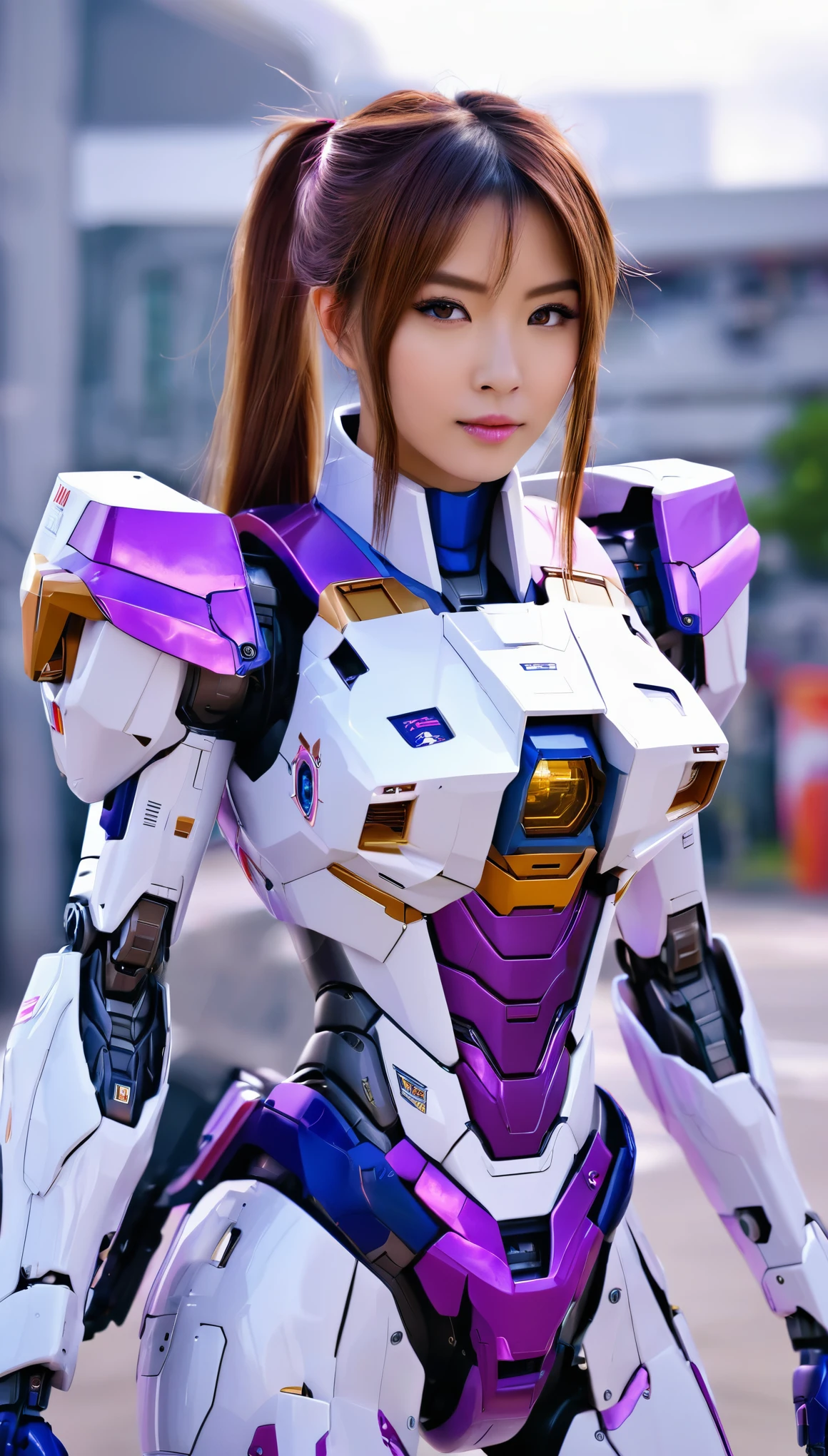 RAW, Masterpiece, Ultra Fine Photo,, Best Quality, Ultra High Resolution, Photorealistic, Sunlight, Full Body Portrait, Stunningly Beautiful,, Dynamic Poses, Delicate Face, wearing a mecha detector glass future transparent neon, Vibrant Eyes, a full body of a woman in a purple and white gundam custume, dybamic pose, pony tail long brown very very long hair rapunzel, girl in mecha cyber armor, portrait armored astronaut girl, d. va from overwatch, female mecha, on a gundam, gundam head, chiho aoshima color scheme, mobile suit, streamlined purple armor, fully robotic!! girl, realistic cosplay, gundam armor (dynamic pose) (best cameraview), full body, sit down, full body