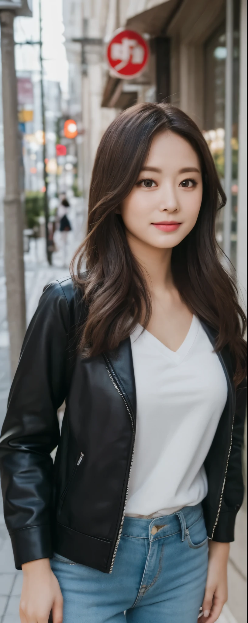 masuterpiece, Best Quality, Illustration, Ultra-detailed, finely detail, hight resolution, 8K Wallpaper, Perfect dynamic composition, from front, Beautiful detailed eyes, ,Medium wavy Hair,  wearing oversize rider jacket:1.2, long pants, Natural Color Lip, Random and sexy poses,Smile, Aoyama Street Walk, 28 years girl