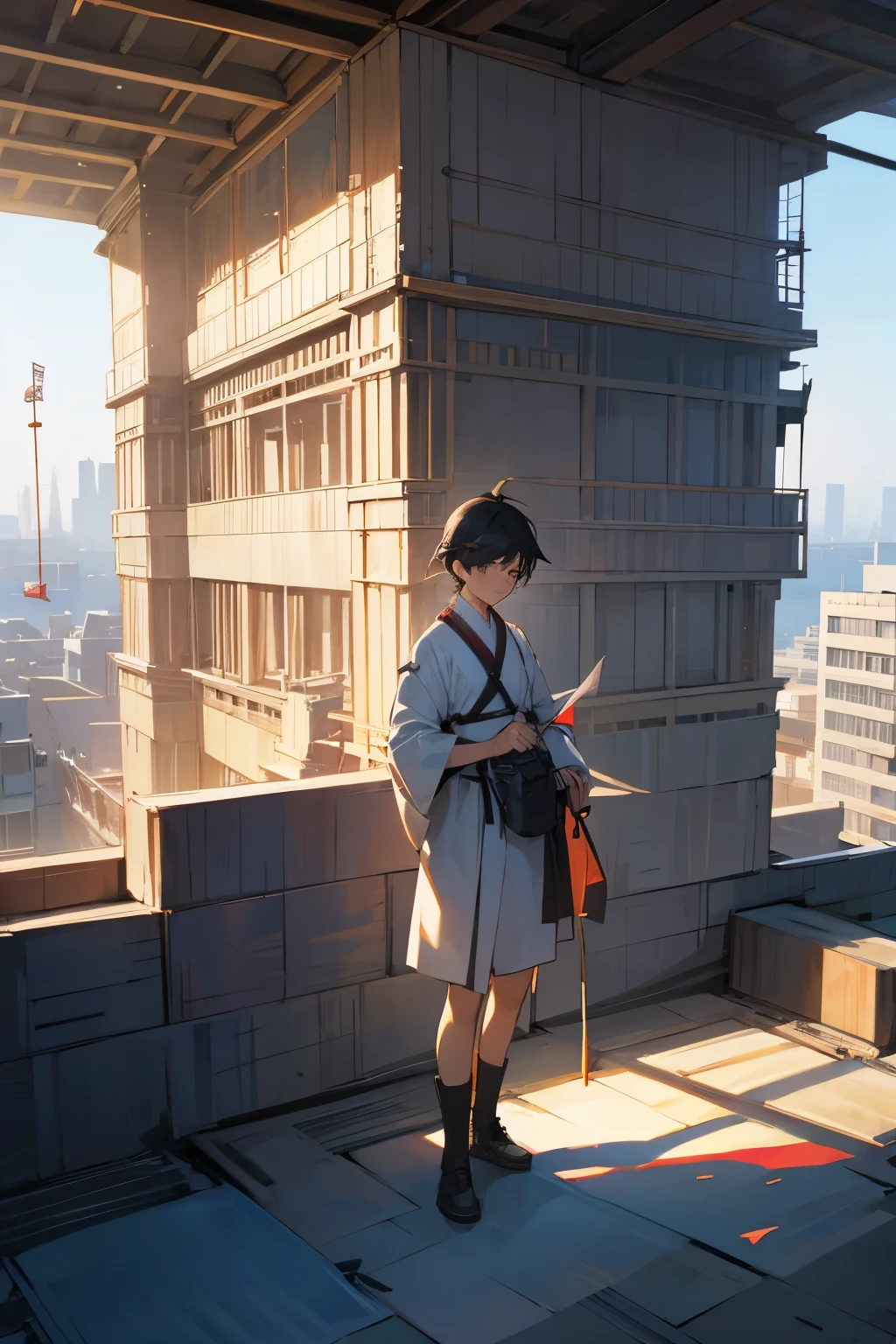 Standing picture、kite craftsman、30 generations、Construction site、male、8K high quality、black hair、View the architecture