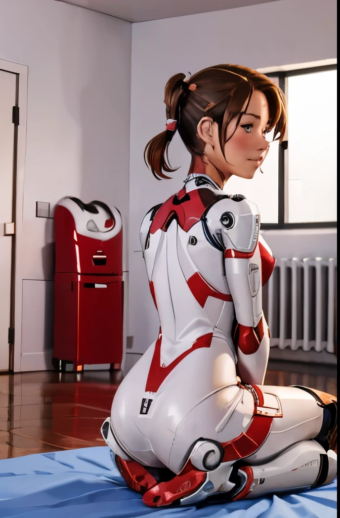 A Female robot is sleeping in bedroom, spread legs, nude, banzai pose. she wears no dress. She Brown short hair is tied with two big red clothespins, She lifts up the under hem of her white plain dress, leaning over, masterpiece, very short pigtails,brown hair, mature, android, blue eyes, full body figure, Height: 160cm, flushed cheeks, 2020s anime picture, A beautiful robot with short brown hair in two short pigtails held up by two very large huge red clothespins, Uplifting, No NSFW, whole body, barefoot, archaic smile, getting orgasm, 25 years old, sweat bucket. 