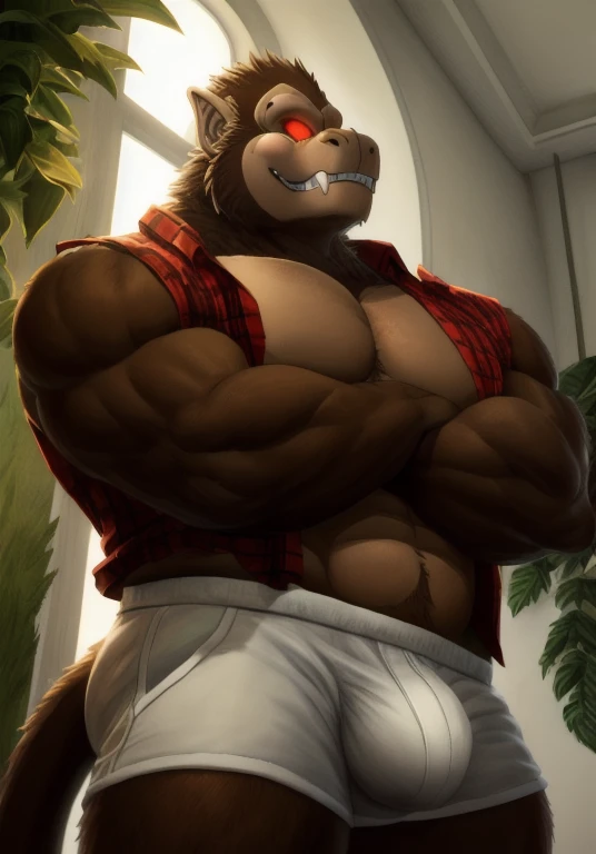 e621, ((oil painting \(medium\), by Rayhuma)), solo hyper musclegut male ((gorilla,prick ears,brown fur,hyper pecs, penis bulge, fur on cheek, long muzzle, brown monkey tail muscular abs,(brown body:1.5), big smooth muscles, glowing mono red eyes,biceps,onecolored body,summer,sharp fangs)), (flannel shirt:1.5, shorts:1.1), ((open topwear, tight:1.2)), (crossed arms, standing, :p), giga, (medium close-up, low-angle view:1.1), BREAK, (office, sunny day), (detailed background, (white walls, open small window, plants on sill:1.2), full body shadow, sunlight, ambient light on the body), (masterpiece, best quality, ultra realistic, 4k, 2k), (high detail:1.3), film photography,
