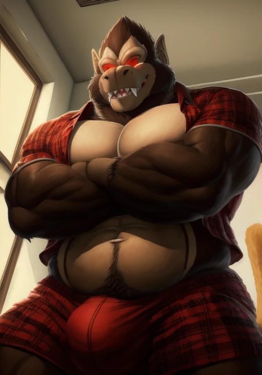 e621, ((oil painting \(medium\), by Rayhuma)), solo hyper musclegut male ((gorilla,prick ears,brown fur,hyper pecs, penis bulge, fur on cheek, long muzzle, brown monkey tail muscular abs,(brown body:1.5), big smooth muscles, glowing mono red eyes,biceps,onecolored body,summer,sharp fangs)), (flannel shirt:1.5, shorts:1.1), ((open topwear, tight:1.2)), (crossed arms, standing, :p), giga, (medium close-up, low-angle view:1.1), BREAK, (office, sunny day), (detailed background, (white walls, open small window, plants on sill:1.2), full body shadow, sunlight, ambient light on the body), (masterpiece, best quality, ultra realistic, 4k, 2k), (high detail:1.3), film photography,