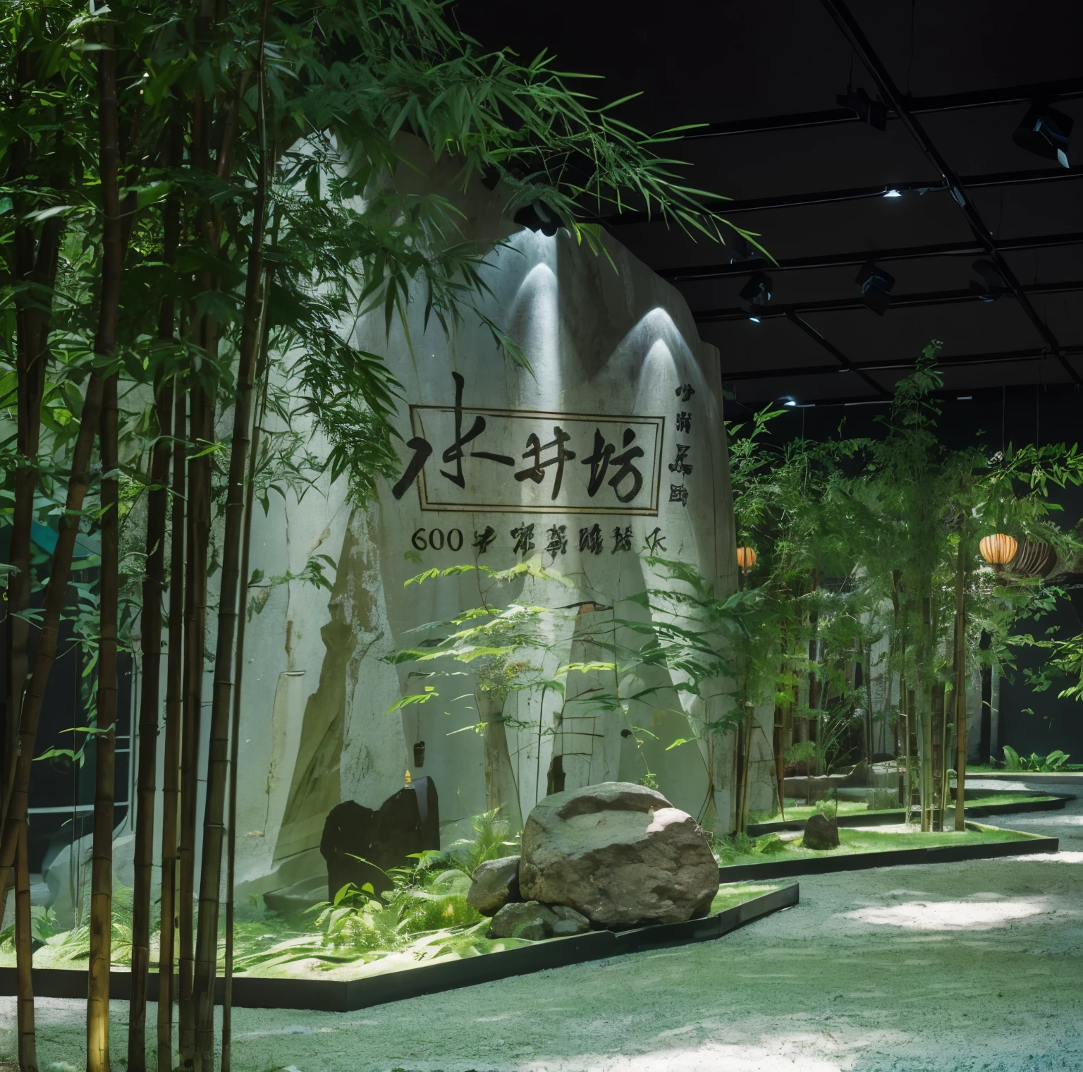 a realistic style, photography, Nikon, Large aperture, mid-range photography, masterpiece, super high quality, Midjourney Bot vibrant bamboo forest caught the eye during a wine launch. A dressing area was set, installation simulated an ancient, martial, scene, bamboo, us, swords, air