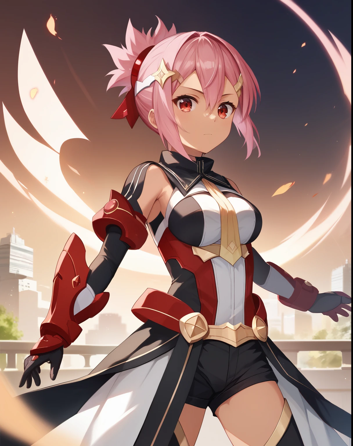 score_9, score_8_up, score_7_up,
1girl, solo, pink hair, short hair, red eyes, short ponytail, hair ornament, hair between eyes, black skin, armor, black shorts, magical girl, BREAK dusk, modern city background, fireballs, anime, (high quality, detailed, beautiful), detailed beautiful eyes, outstanding, countershading, detailed soft lighting, an exquisite animation illustration,