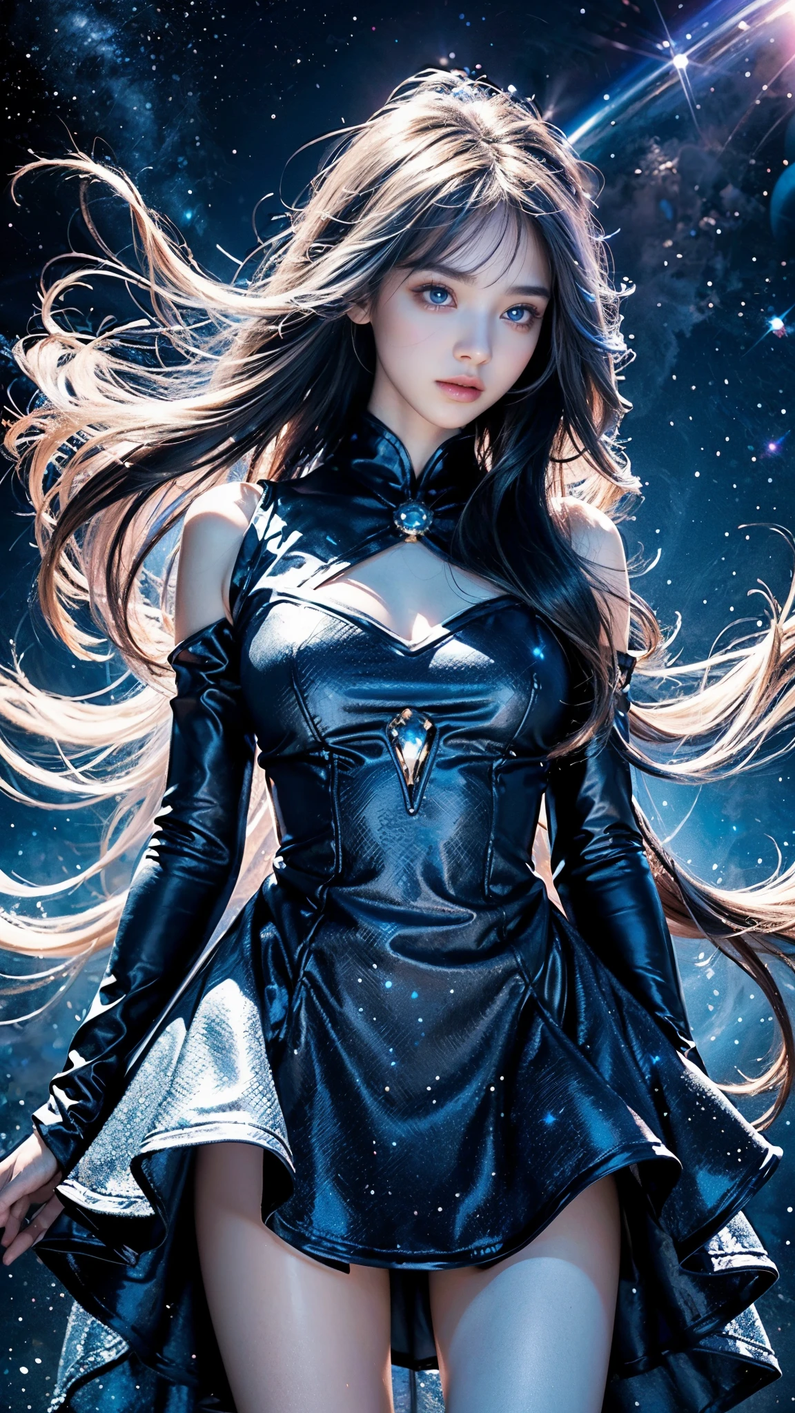 4K Ultra HD, Masterpiece, A girl with a magical aura, Good face, Long hair, shinny hair, Detailed eyes, Glossy lips, blue Lolita costume, The aura around the body, Magical effect, Spread white light, Cosmic elements and ethereal atmosphere, A mix of bright lights and colorful nebulae, universe background, Perfect body,