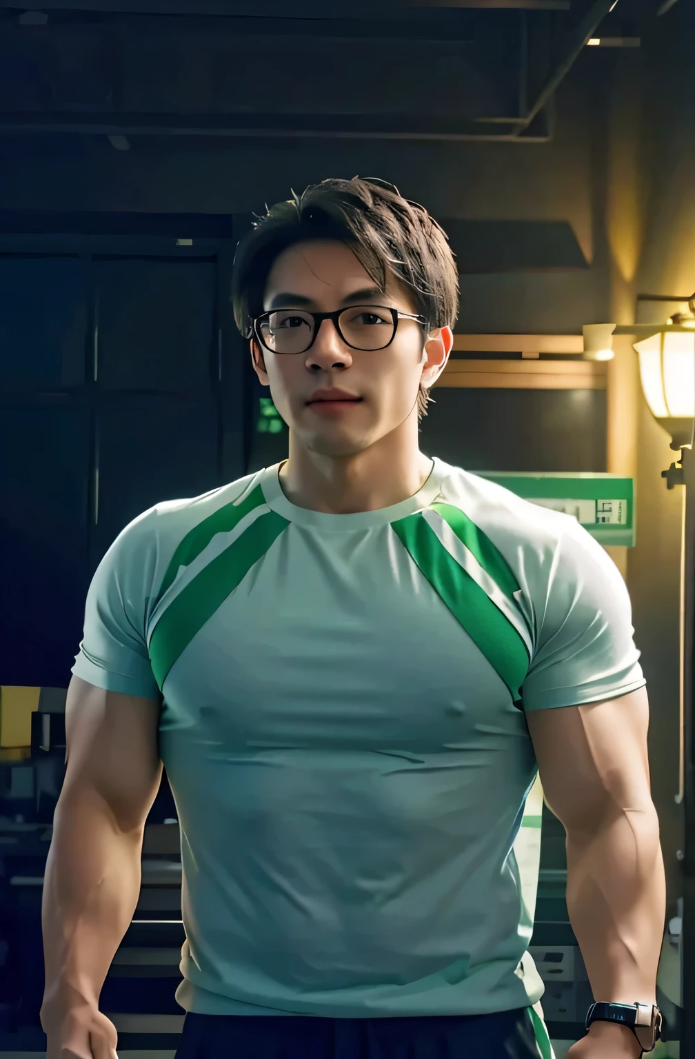 an Asian muscular man, wearing glasses, wearing white t-shirt with green stripes, realistic
