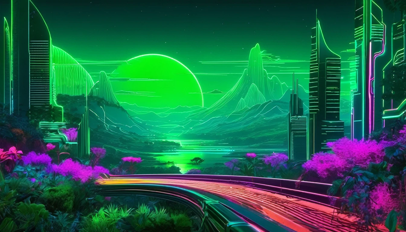 Paisaje neon, verde, futurista