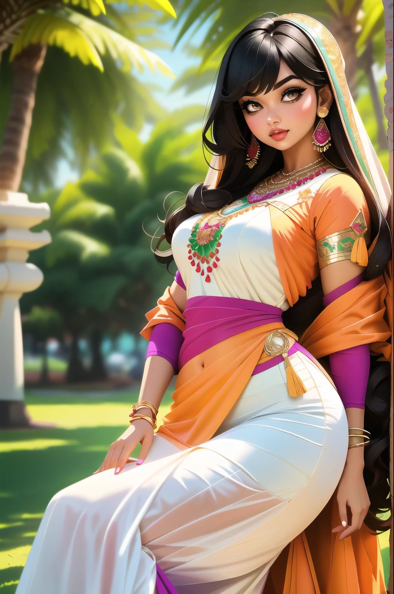 (best quality, masterpiece), 1 girl, Indian，indian style, big breasts，off the shoulder dress，Smile，portrait，dark skin