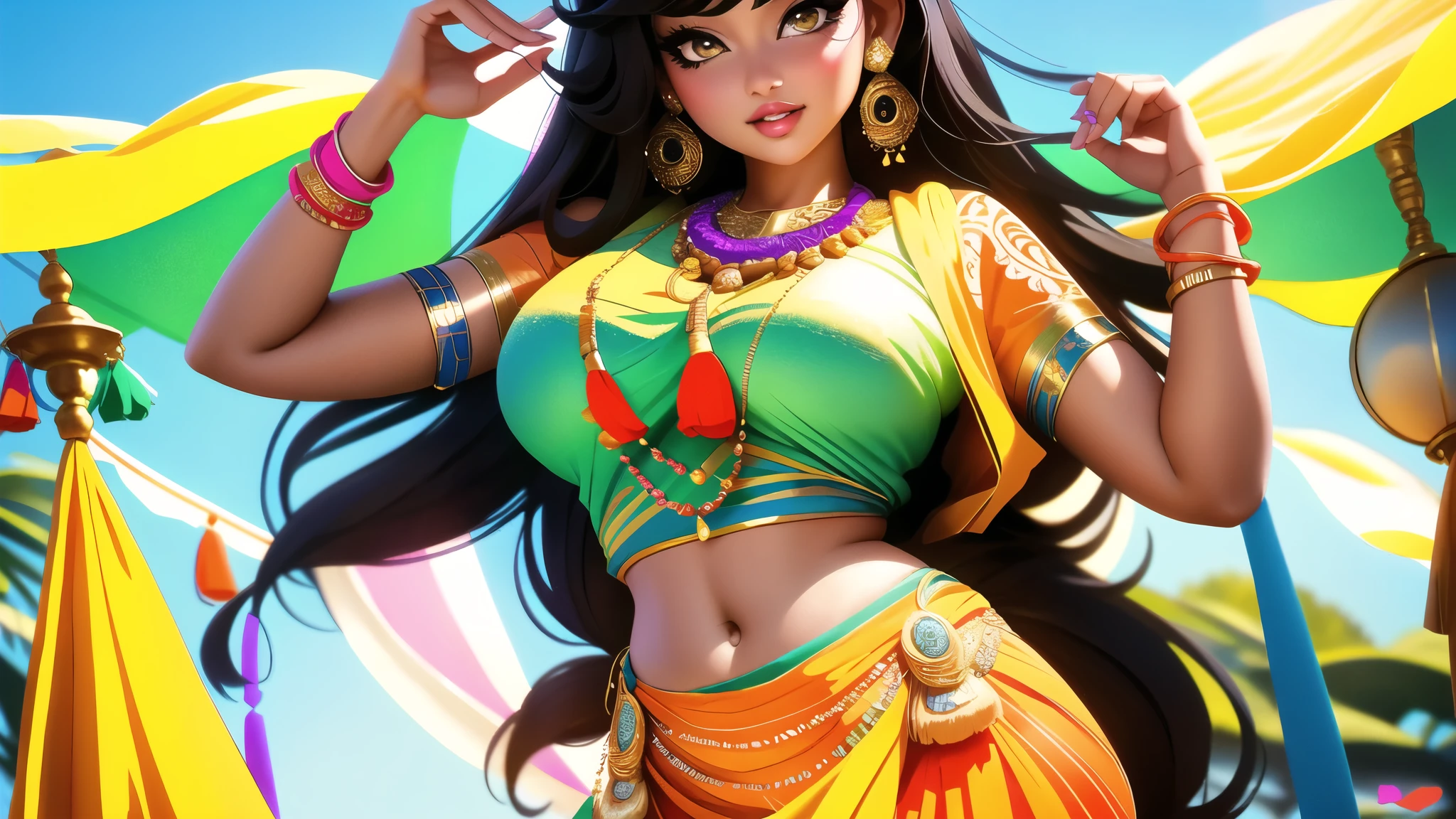 4k, beautiful, pretty face, , young, 20s, (masterpiece:1.2), (best quality:1.2), (tiny waist:1.3), wide hips, necklace, perfect eyes, White eyes, white pupils, perfect face, perfect lighting, (shy:1.2), introvert, looking away, blush, (1girl) , black hair, violet outfit, (straight hair), wide mouth, thick lips, india, Hinduism, indian clothes, a close up portrait photo of beautiful Ayesha Takia , Ayesha Takia , black hair, violet and white dress, orange clothes, white clothes, green clothes, indian flag dress, a woman in a sari posing for a picture in a park, sexy movie photo, sexy girl with dark complexion, indian super model, indian goddess, provocative indian, sexy girl, her belly button is exposed, she has a jiggly fat round belly, very attractive and beautiful, desi, curvaceous. detailed expression, tummy, curves!!, seductive lady