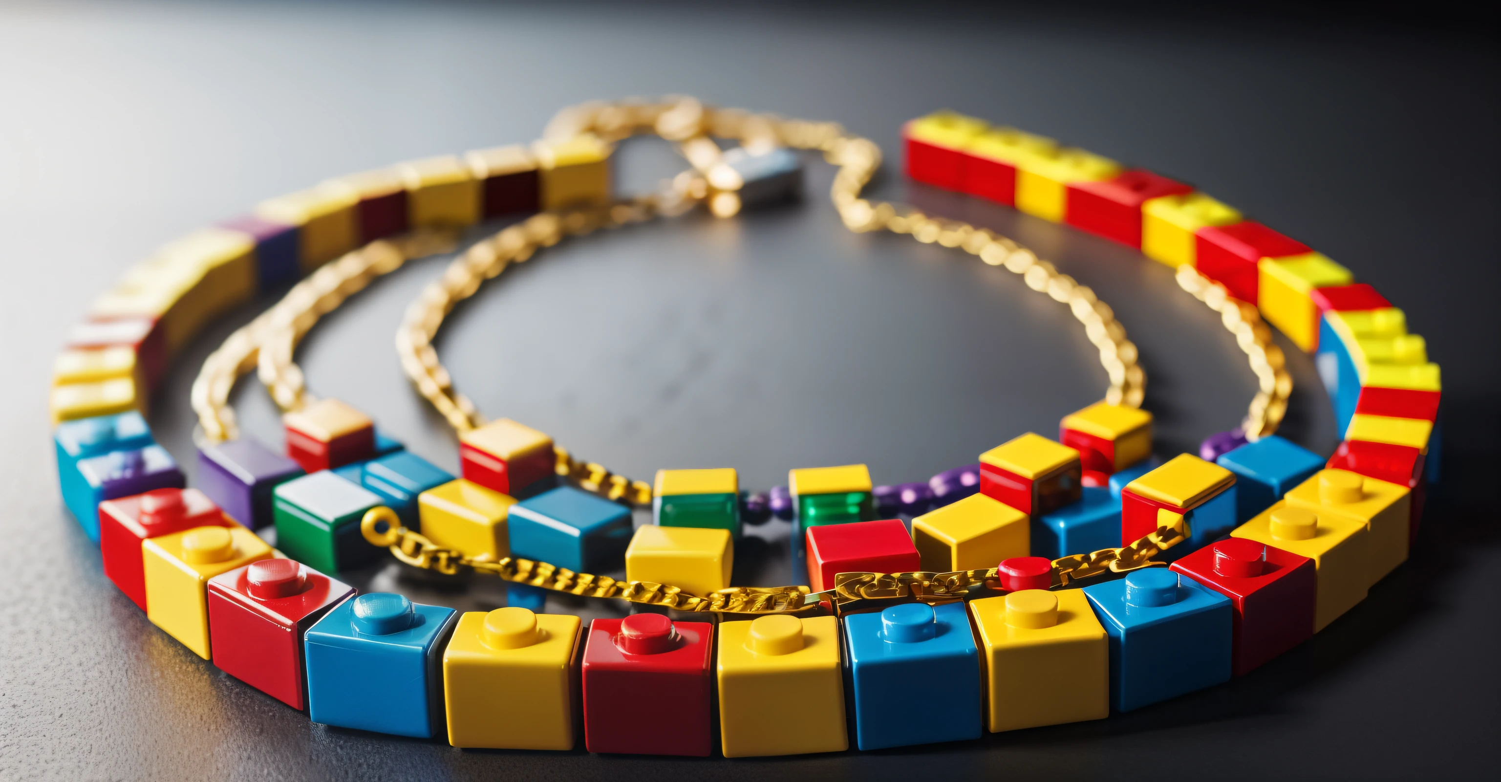 there is a necklace made of legos and a chain, lego style, made of lego, made out of legos, lego, golden ratio jewelry , lego movie style, multi - coloured, legos, building blocks, necklace on display, brick, blocks, miniature product photo, colourful, sci fi necklace, inspired by Albert Joseph Pénot, multi colored, beautiful, Lego jewerly made of building blocks, luxury style photography, made of plastic building blocks