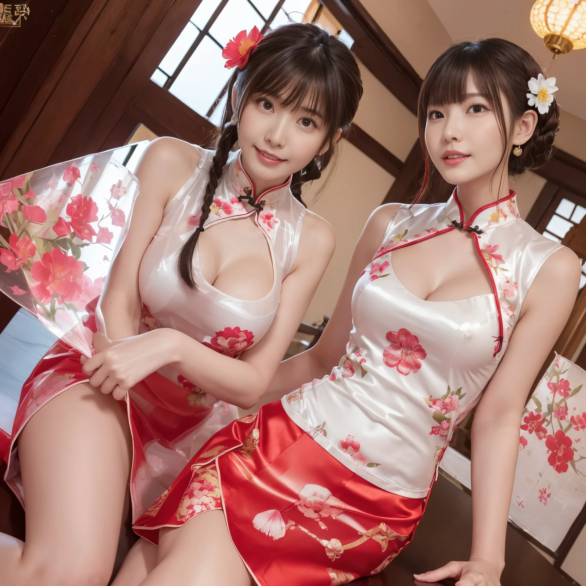 (table top:1.0), (highest quality:1.4), (High resolution:1.2), (realistic:1.4),(from below:1.5), (8K, Raw photo:1.2),(Side slit micro mini skirt:1.5),There is 2girls wearing latex cheongsam printed race pattern and smiling and taking pictures,She is wearing a translucent latex cheongsam,(translucent:1.3) ,(Sleeveless cheongsam:1.2),(translucent red cheongsam printed blossoms pattern:1.4),seductive thighs、smooth tight cheongsam, translucent skin,translucentボディ,fine hand fingers, Chinese dress that fits your skin,natural makeup,japanese goddess, Glossy skin,beautiful teeth alignment、cleavage、gorgeous japanese model,break,detailed background,Inside a Chinese mansion