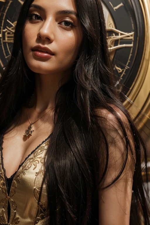 close-up, black straight long hair woman, clock on necklace, worked, elegant, meticulous, magnificent, maximum detail, extremely energetic, intricately detailed, resort background