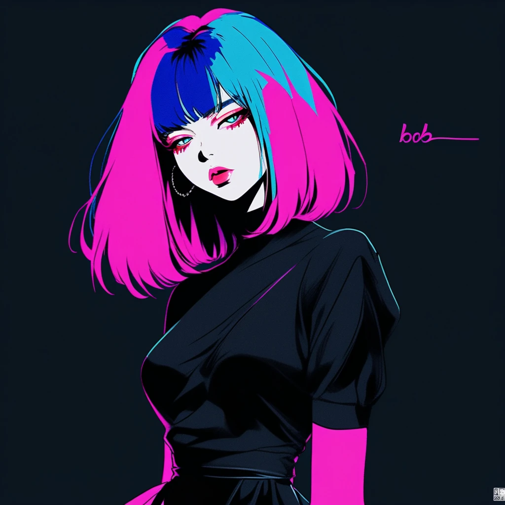 (best quality, sketch:1.2),realistic,illustrator,anime,1 girl, detailed lips, black dress,custom, (background multicolors),neon hair,textured cropping, masterpiece, style retro classic, ???? dark, art, sketch book, (bob hair black:1.75 neon:1.32), bad women , dark monochrome background, dark fantasy, pensil manga art style, full body 