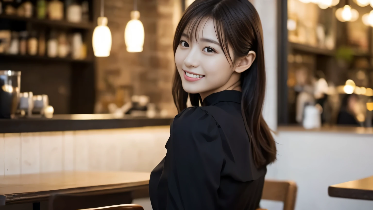 1 girl, (Wearing a black blouse:1.2), beautiful japanese actress,
(Raw photo, highest quality), (realistic, Photoreal:1.4), masterpiece, 
very delicate and beautiful, very detailed, 2k wallpaper, wonderful, 
finely, very detailed CG Unity 8K 壁紙, Super detailed, High resolution, 
soft light, beautiful detailed girl, very detailed目と顔, beautifully detailed nose, beautiful and detailed eyes, cinematic lighting, 
break
(With a stylish cafe interior as the background 1.3), Lights in the cafe, 
perfect anatomy, slender body, smile, Face the front completely, look at the camera