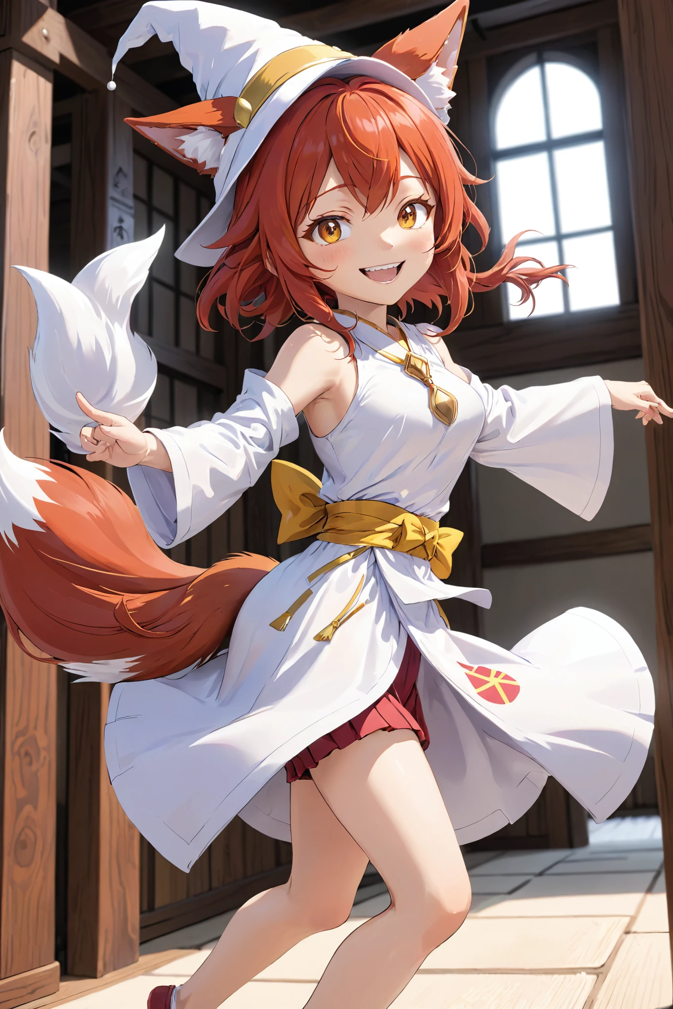 Japanese cartoons, fox girl, run, , wizard hat, Red hair, happy, bright smile, ambient occlusion