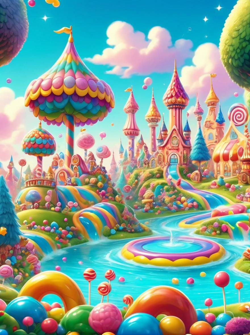 (candyland:1.3), (Amusement park made of candy:1.3), magical forest, colorful candy towers, glistening rooftops, rainbow bridge, honey river, sparkly water, sweet aroma, lollipop trees, cotton candy bushes, vibrant lively atmosphere, floating shiny particles, children playing, candy slides, jelly trampolines, photo real, Shot on a 50mm lens, classic composition, masterpiece, exquisite, color correction, amazing visual effects, crazy details, intricate details, sharp focus, super high effect