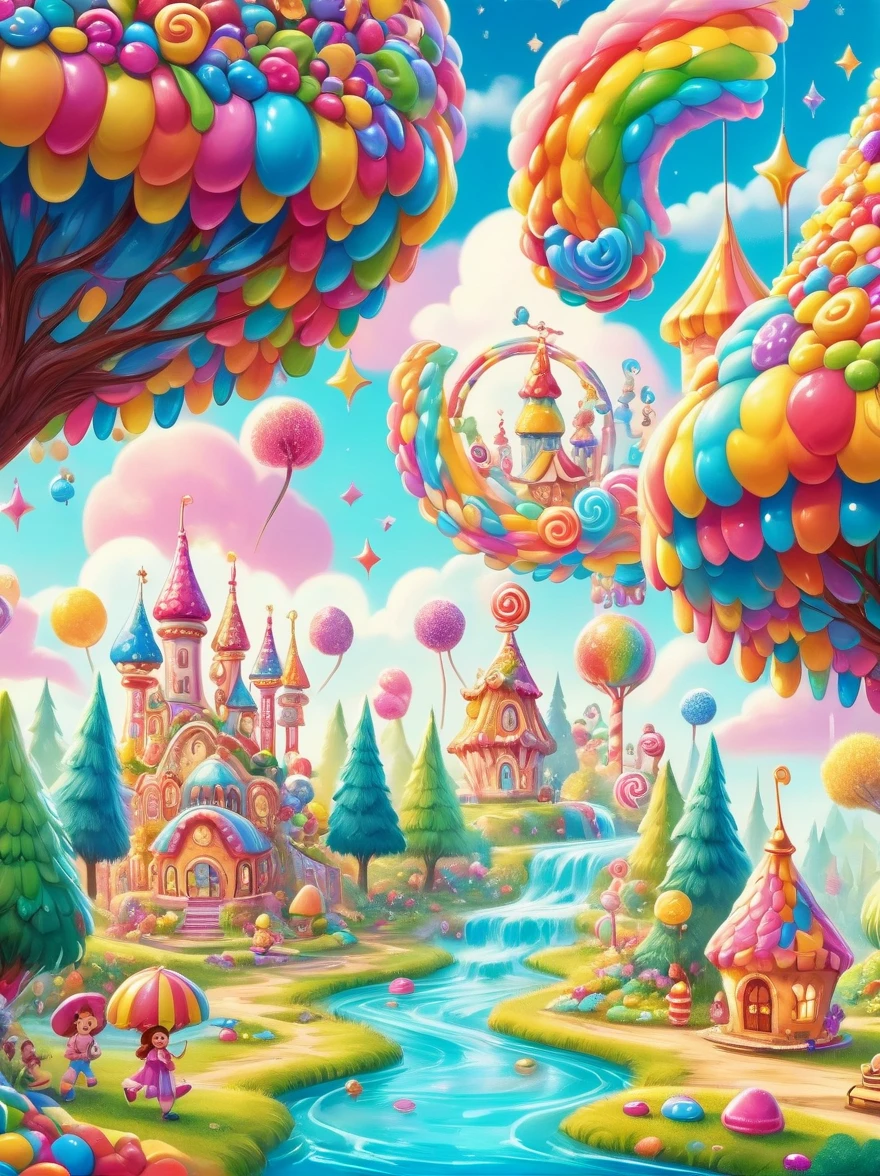 (candyland:1.3), (Amusement park made of candy:1.3), magical forest, colorful candy towers, glistening rooftops, rainbow bridge, honey river, sparkly water, sweet aroma, lollipop trees, cotton candy bushes, vibrant lively atmosphere, floating shiny particles, children playing, candy slides, jelly trampolines, photo real, Shot on a 50mm lens, classic composition, masterpiece, exquisite, color correction, amazing visual effects, crazy details, intricate details, sharp focus, super high effect