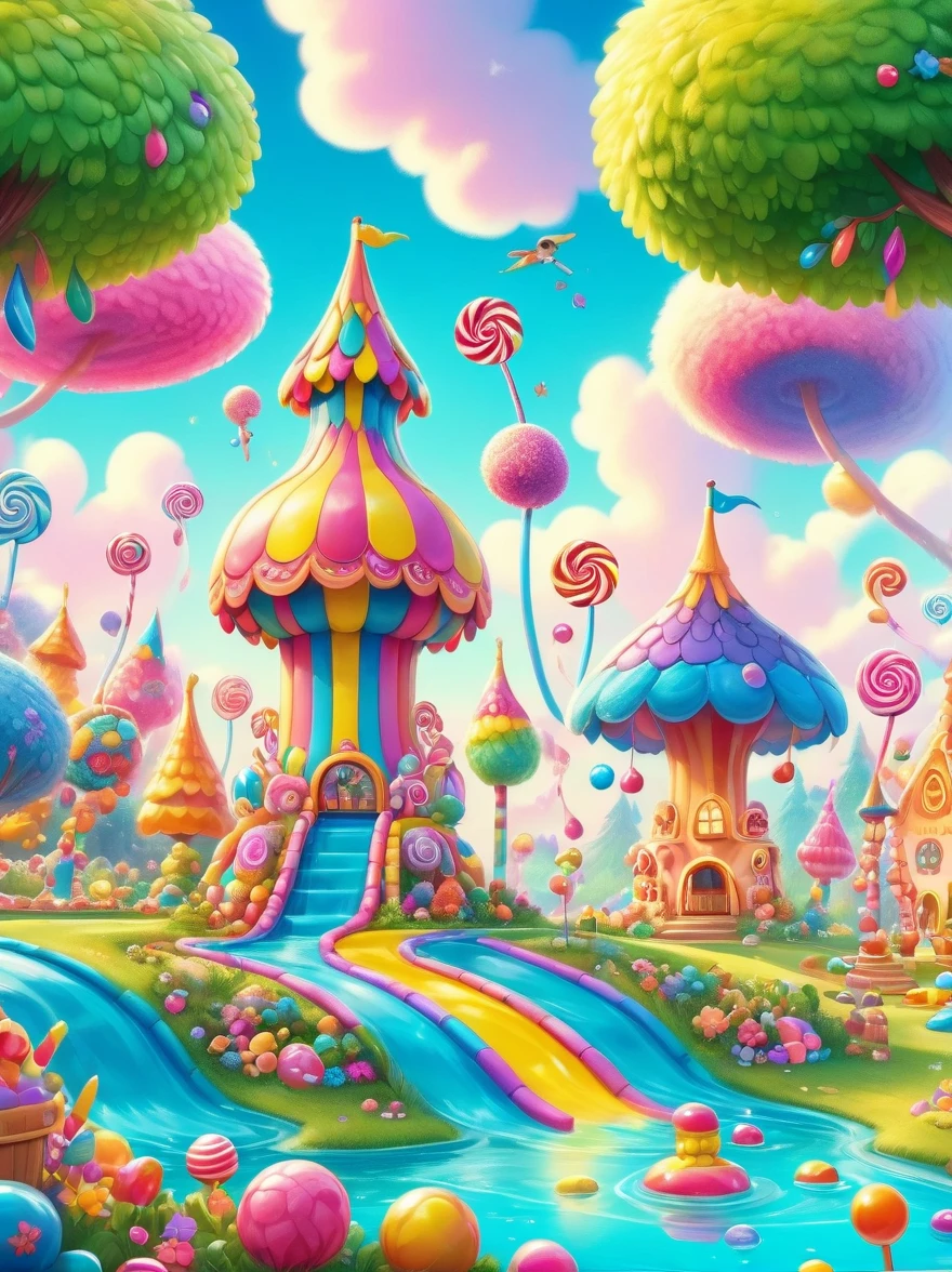 (candyland:1.3), (Amusement park made of candy:1.3), magical forest, colorful candy towers, glistening rooftops, rainbow bridge, honey river, sparkly water, sweet aroma, lollipop trees, cotton candy bushes, vibrant lively atmosphere, floating shiny particles, children playing, candy slides, jelly trampolines, photo real, Shot on a 50mm lens, classic composition, masterpiece, exquisite, color correction, amazing visual effects, crazy details, intricate details, sharp focus, super high effect