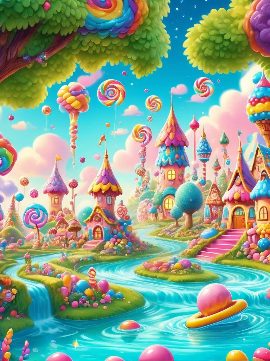 (candyland:1.3), (Amusement park made of candy:1.3), magical forest, colorful candy towers, glistening rooftops, rainbow bridge, honey river, sparkly water, sweet aroma, lollipop trees, cotton candy bushes, vibrant lively atmosphere, floating shiny particles, children playing, candy slides, jelly trampolines, photo real, Shot on a 50mm lens, classic composition, masterpiece, exquisite, color correction, amazing visual effects, crazy details, intricate details, sharp focus, super high effect