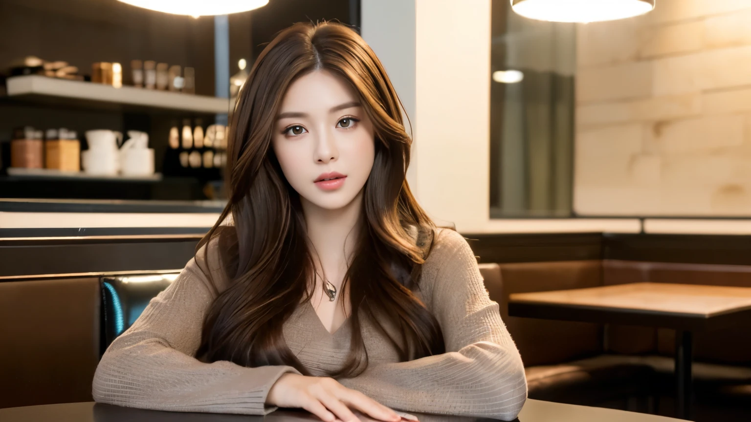((realistic lighting, best quality, 8K, master piece:1.3)), sharp focus:1.2, 1 girl, beautiful woman with perfect figure:1.2, ((dark brown hair)), (Leisure Set:1.2),Inside a stylish cafe,Extra-fine face,fine eyes,double eyelid,