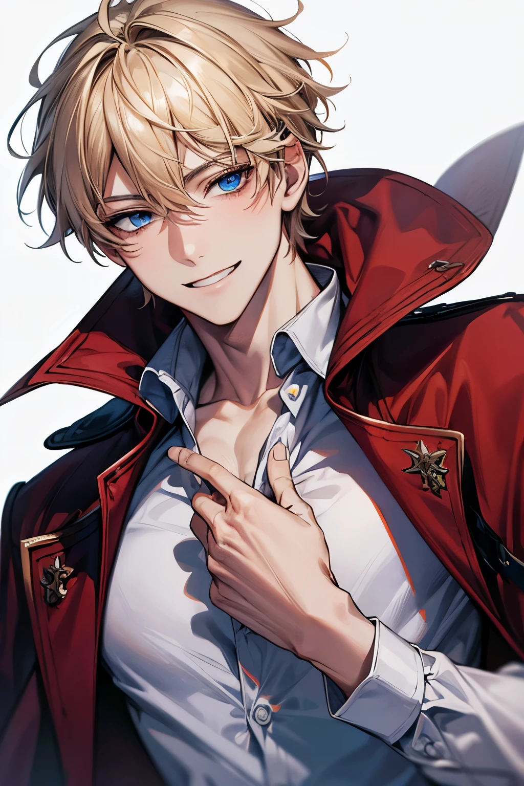 Masterpiece, highres, best quality, solo, 1 male, short hair, blonde hair, blue eyes, white shirt, red cloak, smile facial