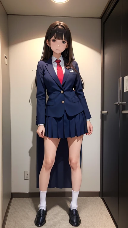 whole body、front、standing position、female、、female子高生、beautiful woman、serious、slim、160cm、navy blue blazer、red tie、Mid-length skirt、loafers、white socks、brunette、long bangs、F cup、No expression、Bewitching、Lady