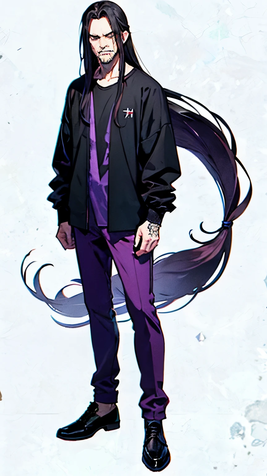 Plain white background、Yakuza、Black long sleeve shirt、Purple pants、Creepy middle-aged man with long hair、Look sick、evil、The whole body is shown、standing position、looking at the camera、