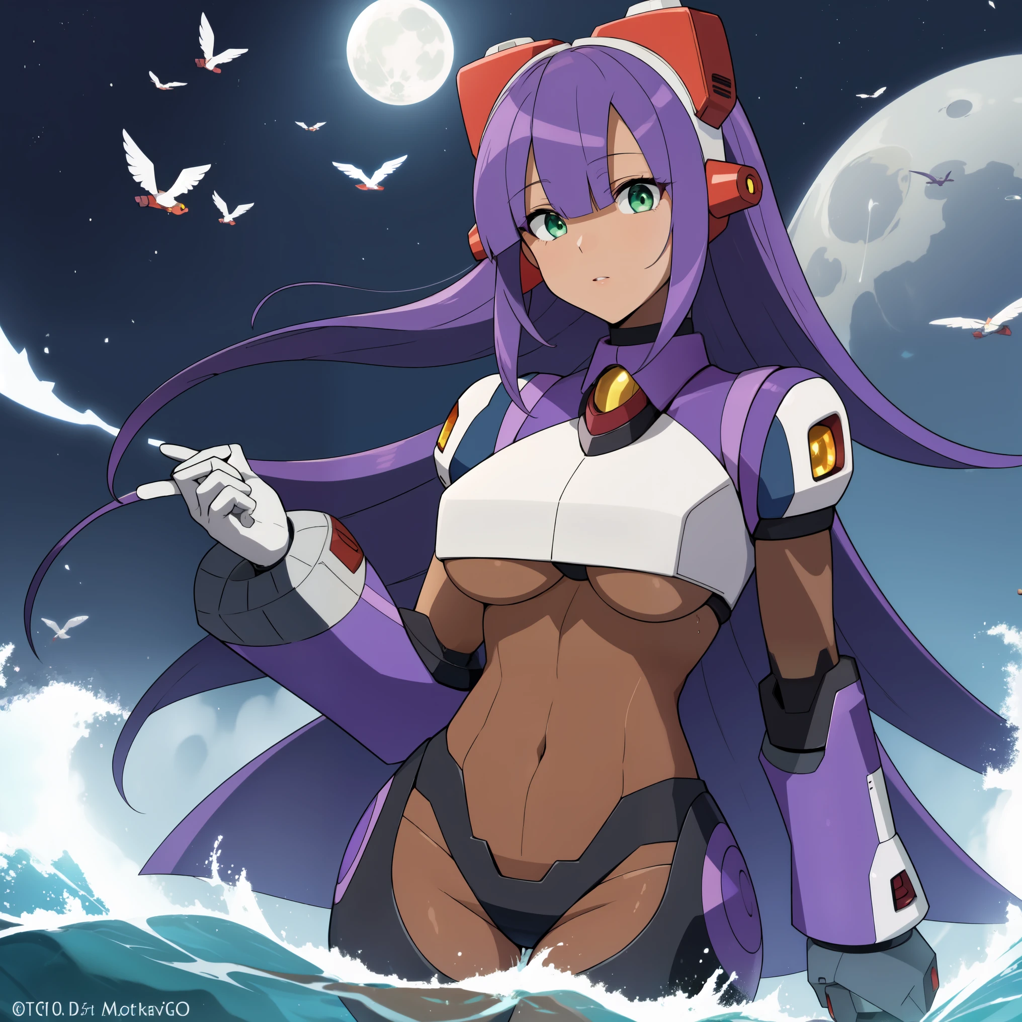 layer_megamanx, 1girl, solo, long hair, purple hair, green eyes, blunt bangs, hair over eyes, large breasts, dark skin, dark-skinned female, android, underboob, robot ears, high quality, masterpiece, surrounded by water and a small moon, in the style of vivid energy explosions, anime art, dark palette, sharp and angular, dragon art, 8k, whirring contrivances