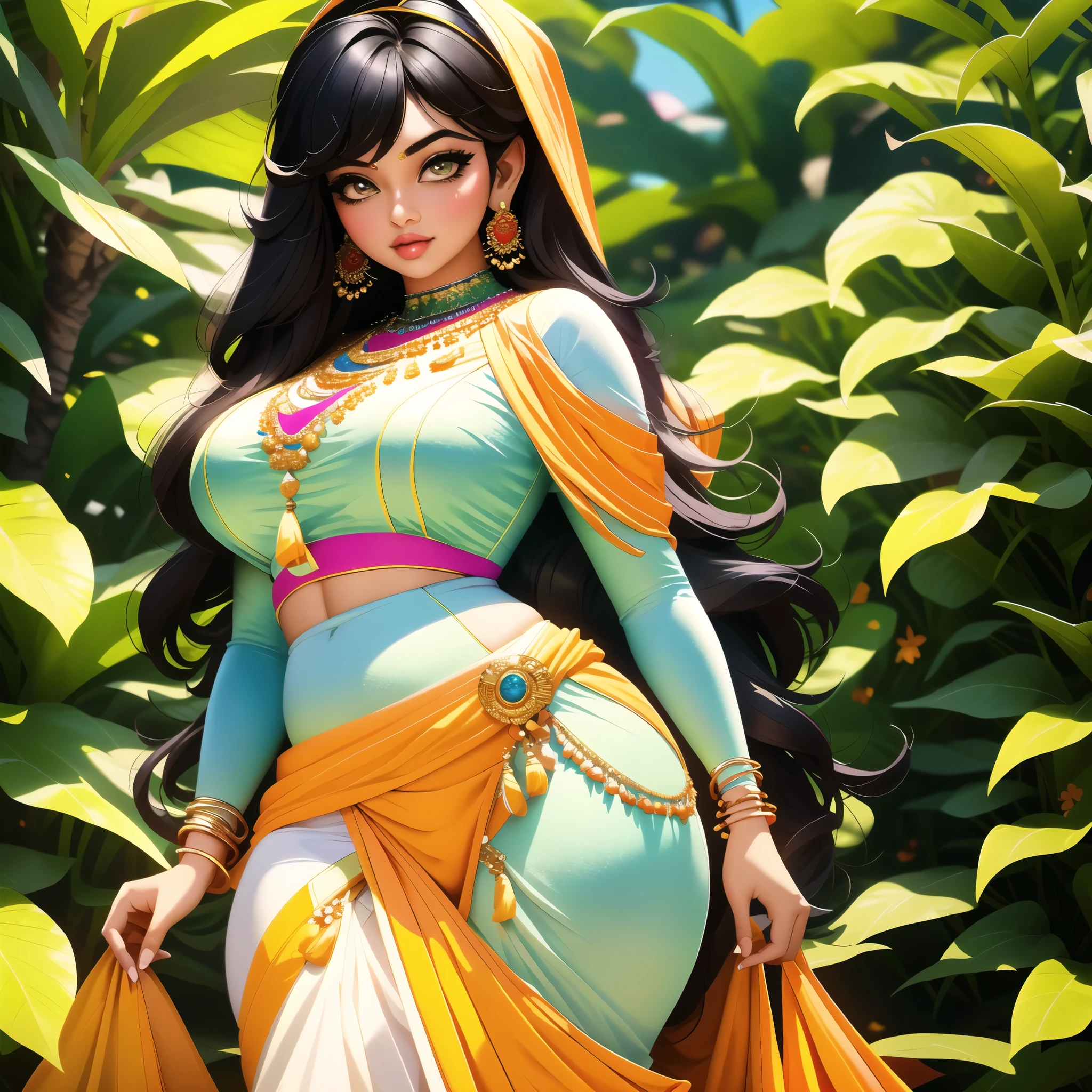 4k, beautiful, pretty face, , young, 20s, (masterpiece:1.2), (best quality:1.2), (tiny waist:1.3), wide hips, necklace, perfect eyes, White eyes, white pupils, perfect face, perfect lighting, (shy:1.2), introvert, looking away, blush, (1girl) , black hair, violet outfit, (straight hair), wide mouth, thick lips, india, Hinduism, indian clothes, a close up portrait photo of beautiful Ayesha Takia , Ayesha Takia , black hair, violet and white dress, orange clothes, white clothes, green clothes, indian flag dress, a woman in a sari posing for a picture in a park, sexy movie photo, sexy girl with dark complexion, indian super model, indian goddess, provocative indian, sexy girl, her belly button is exposed, she has a jiggly fat round belly, very attractive and beautiful, desi, curvaceous. detailed expression, tummy, curves!!, seductive lady
