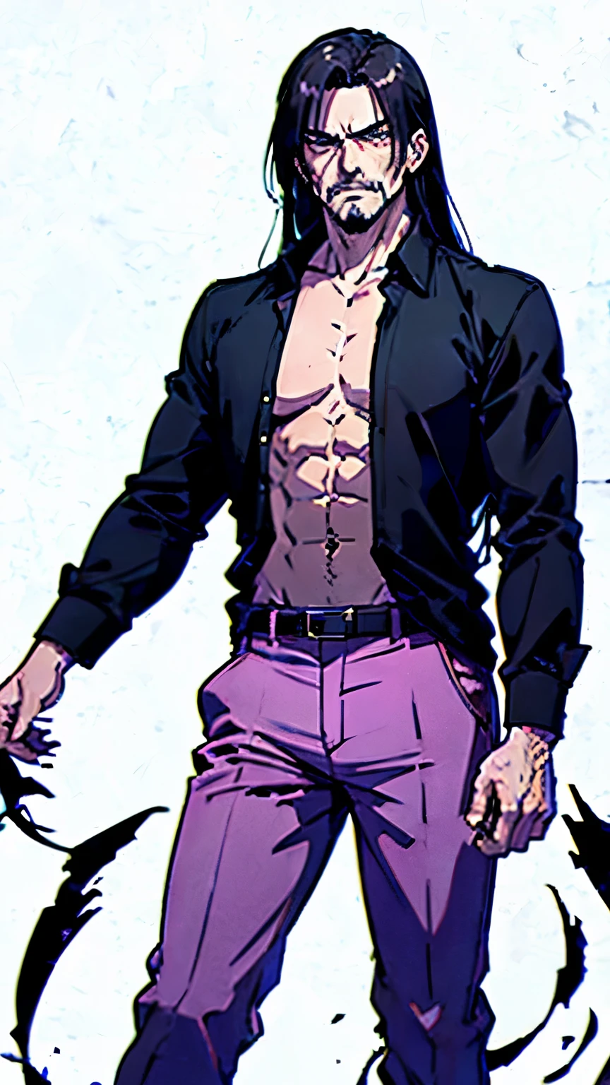 Plain white background、Yakuza、Black long sleeve shirt、Purple pants、Creepy middle-aged man with long hair、Look sick、evil、The whole body is shown、standing position、looking at the camera、