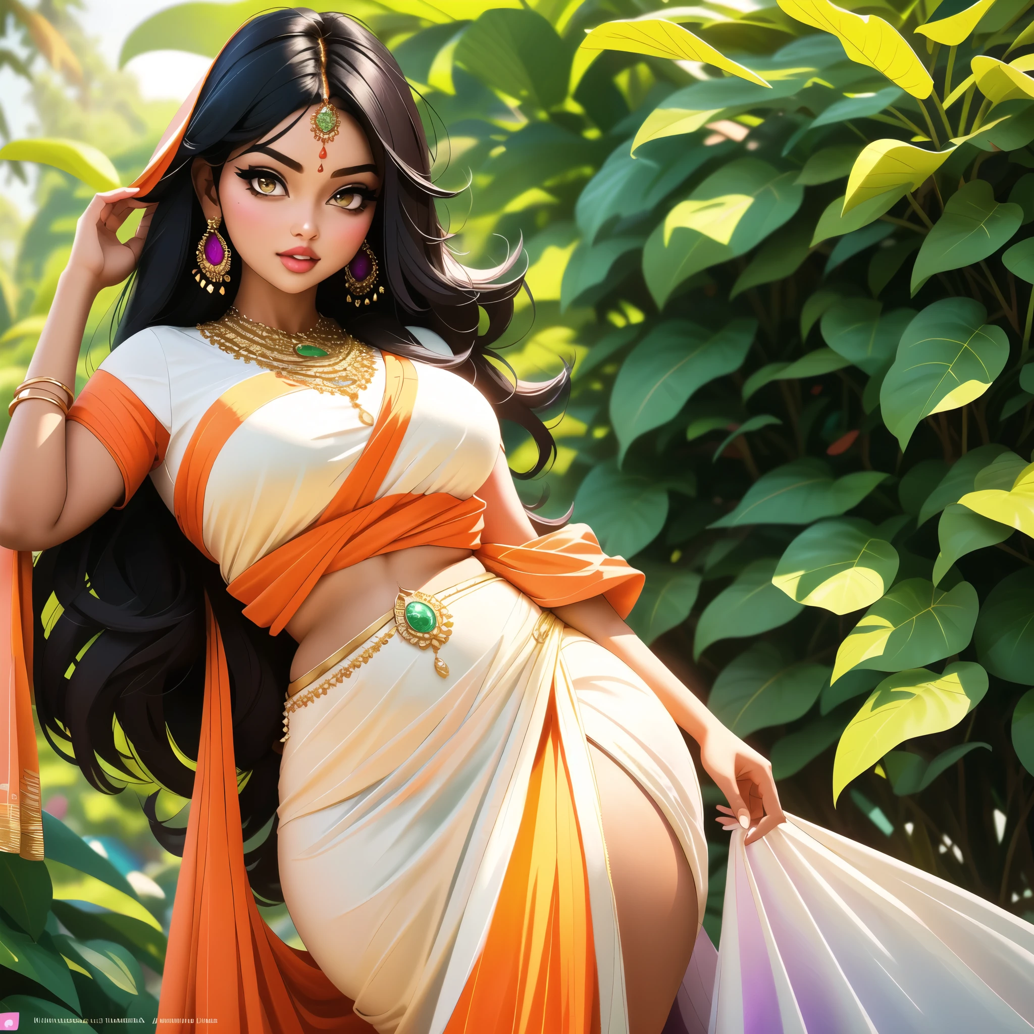 4k, beautiful, pretty face, , young, 20s, (masterpiece:1.2), (best quality:1.2), (tiny waist:1.3), wide hips, necklace, perfect eyes, White eyes, white pupils, perfect face, perfect lighting, (shy:1.2), introvert, looking away, blush, (1girl) , black hair, violet outfit, (straight hair), wide mouth, thick lips,  india, Hinduism, indian clothes, a close up portrait photo of beautiful Ayesha Takia , Ayesha Takia , black  hair, violet and white dress, orange clothes, white clothes, green clothes, indian flag dress, a woman in a sari posing for a picture in a park, sexy movie photo, sexy girl with dark complexion, indian super model, indian goddess, provocative indian, sexy girl, her belly button is exposed, she has a jiggly fat round belly, very attractive and beautiful, desi, curvaceous. detailed expression, tummy, curves!!, seductive lady
