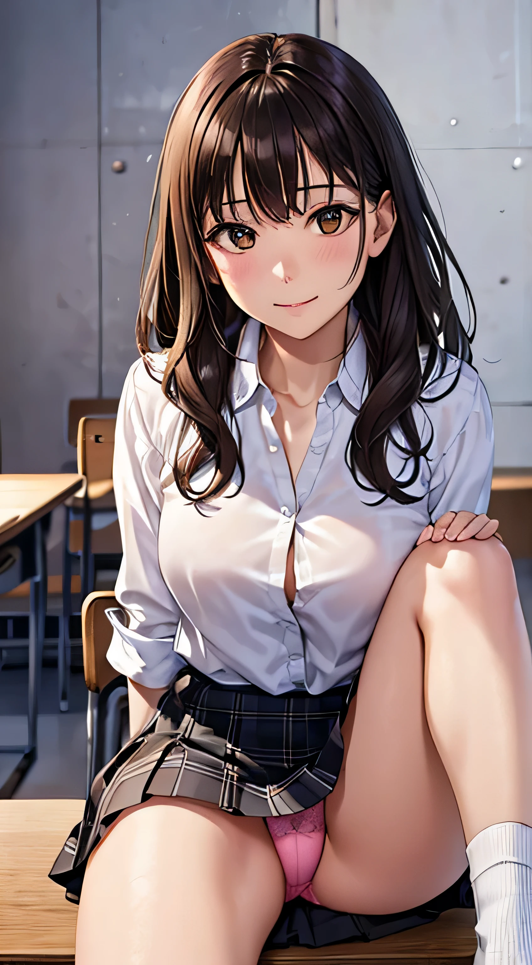 ((table top, highest quality, High resolution, nffsw, perfect pixel, 4k, nffsw, nffsw))), 1 girl, single, alone, beautiful woman、I could see the whole body、 ((short wavy hair, bangs, brown hair)), ((brown eyes, beautiful eyelashes, realistic eyes)), ((detailed face, blush:1.2)), ((smooth texture:0.75, realistic texture:0.65, realistic:1.1, Anime CG style)), medium breasts, dynamic angle, perfect body, ((school uniform, white shirt, black skirt, unbuttoned shirt、plaid skirt、not wearing shoes、white socks)), classroom without people、sit at desk、..、evening、、、Very embarrassing panic smile、(lift the skirt with your right hand、open your legs、open your knees wide、pink floral lace panties)、、(pink lace bra)、angle from below