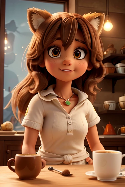 A 28 year old woman , slickedback hair , brown , olhos browns claro , holding a cell phone with tiger games