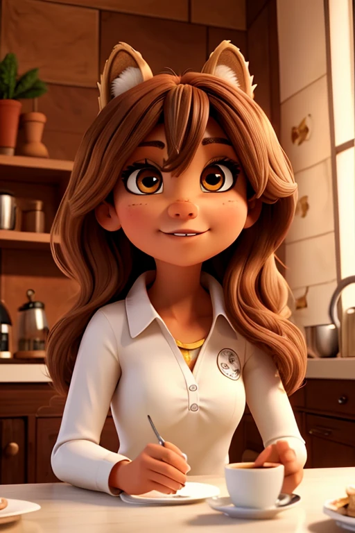 Chica lobo, Brown hair, ojos amarillos, piel blanca, orejas de lobo, pelaje cafe, chica con orejas de lobo, pelo cafe 